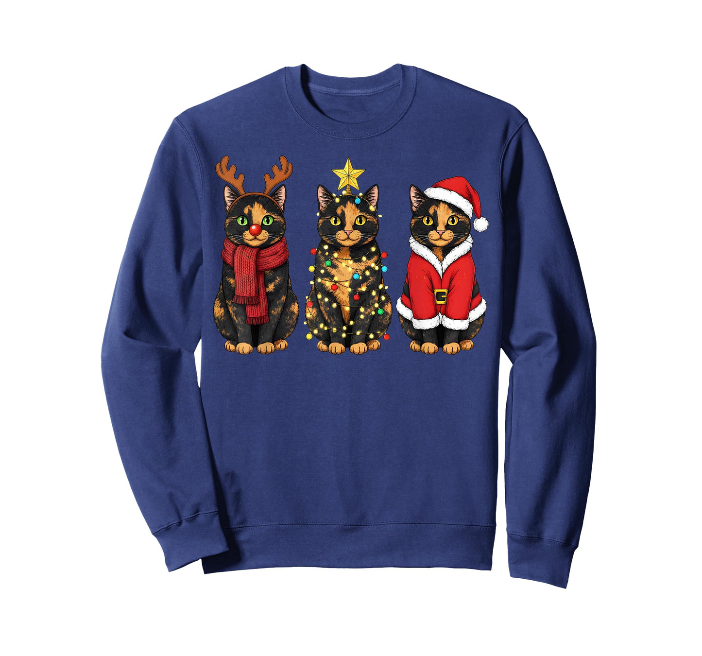Retro Christmas Tortoiseshell Cat Santa Reindeer T-Shirt