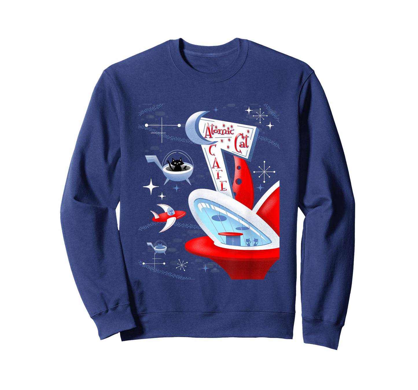 Funny Atomic Cat Cafe Retro Futuristic Spaceport Mid Century T-Shirt