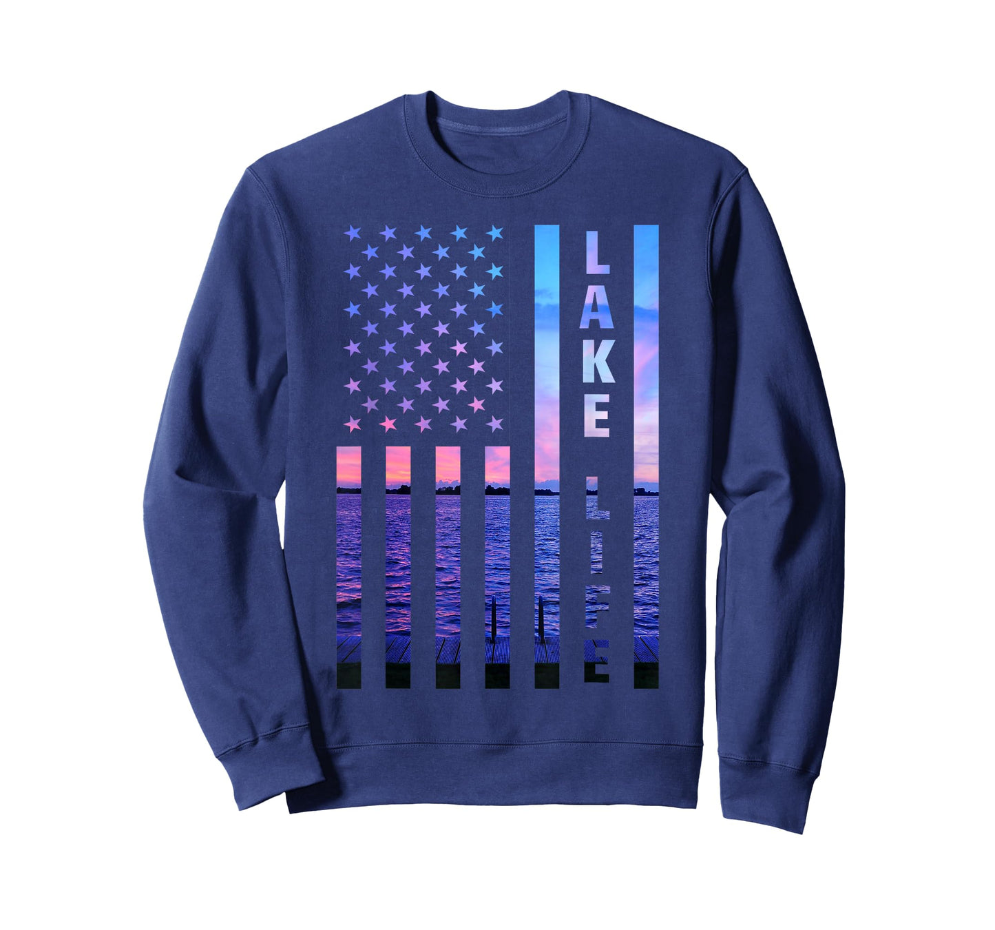 Lake Life American Flag Dock Sunset Wakeboarder Power Boat T-Shirt