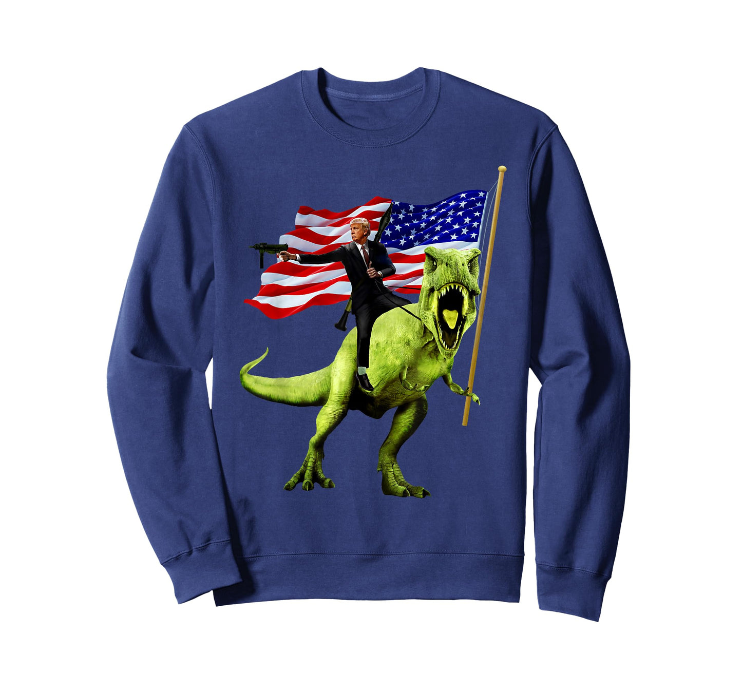 Epic Trump Riding T Rex Holding A Gun With USA Flag Shirt Women Men T-Shirt
