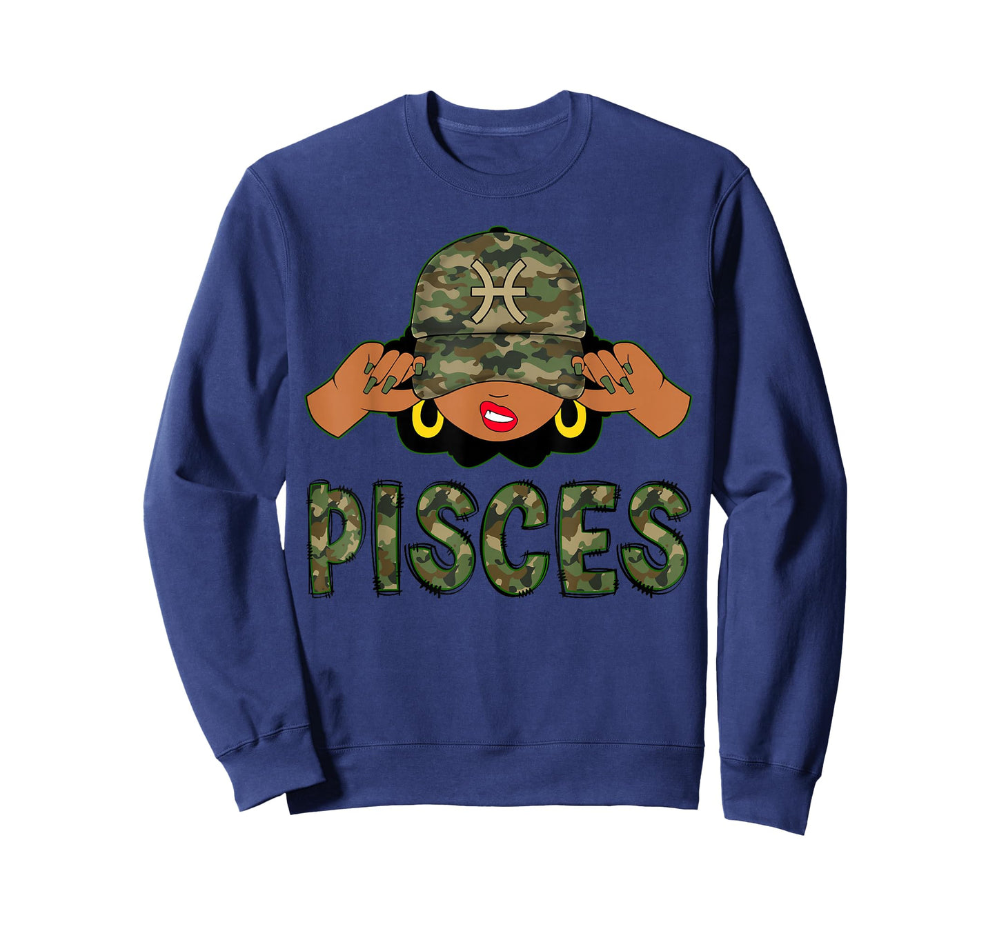 Pisces Queen Black Woman With Camo Cap Afro Girl Zodiac T-Shirt