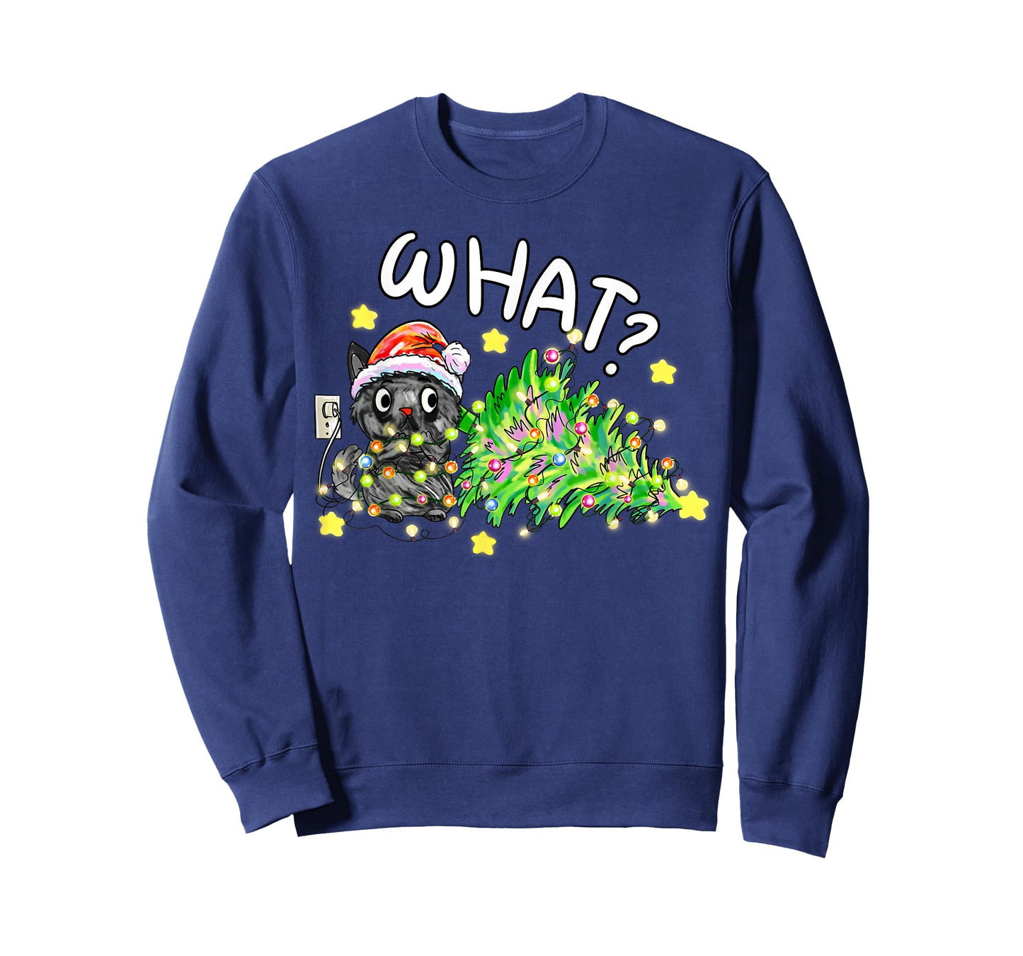 Funny Black Cat Gift Pushing Christmas Tree Over Cat What? T-Shirt
