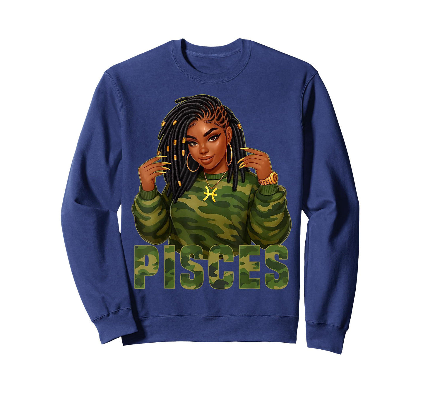 Pisces Queen Loc'd Black Woman Camo Zodiac Sign T-Shirt