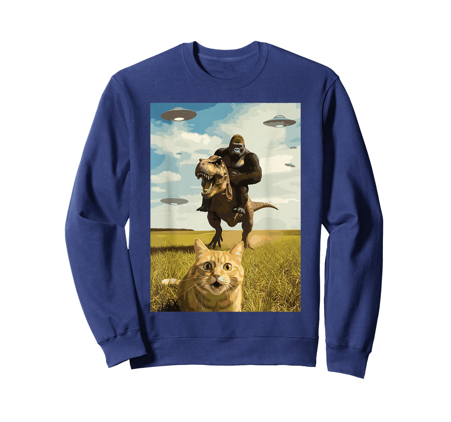 Cat Bigfoot On Dino UFO Selfie Funny Sasquatch Trex Meme Kid T-Shirt