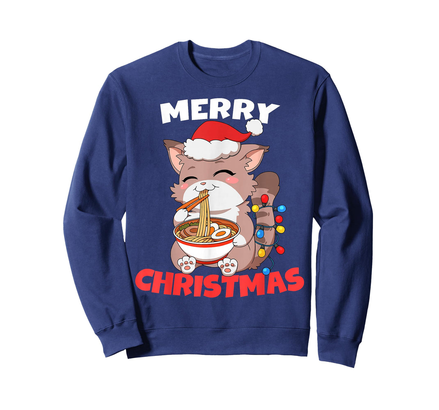 Merry Christmas Anime Kawaii Cat Ramen Xmas Lights T-Shirt