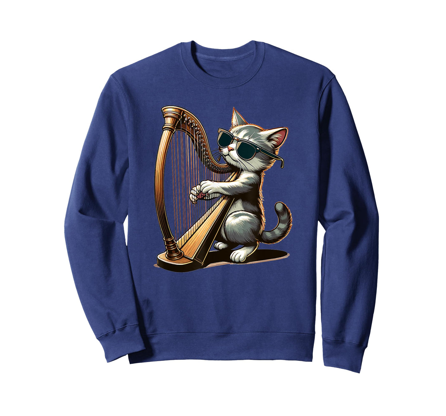 Musician Harpist Cat Wearing Sunglasses Cat Playing Harp T-Shirt for Men Women Kids