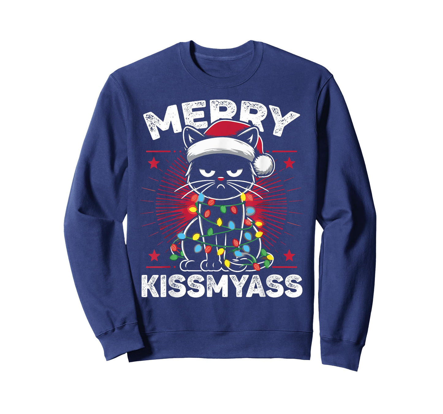 Merry Kissmyass Funny Cat Christmas Lights Christmas Cat T-Shirt