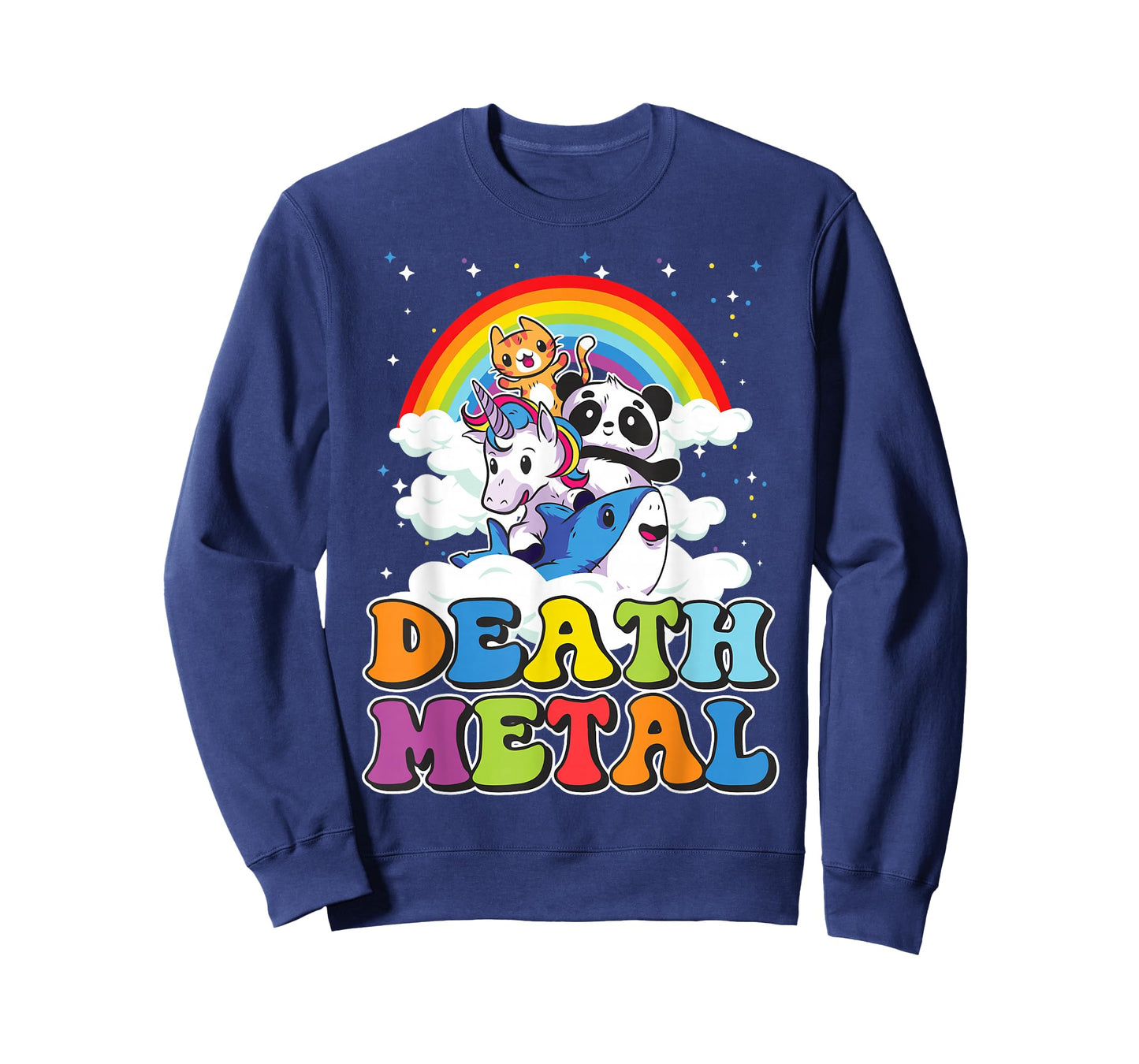 Retro Death Metal Cat Rainbow Unicorn Funny Heavy Metal T-Shirt Small