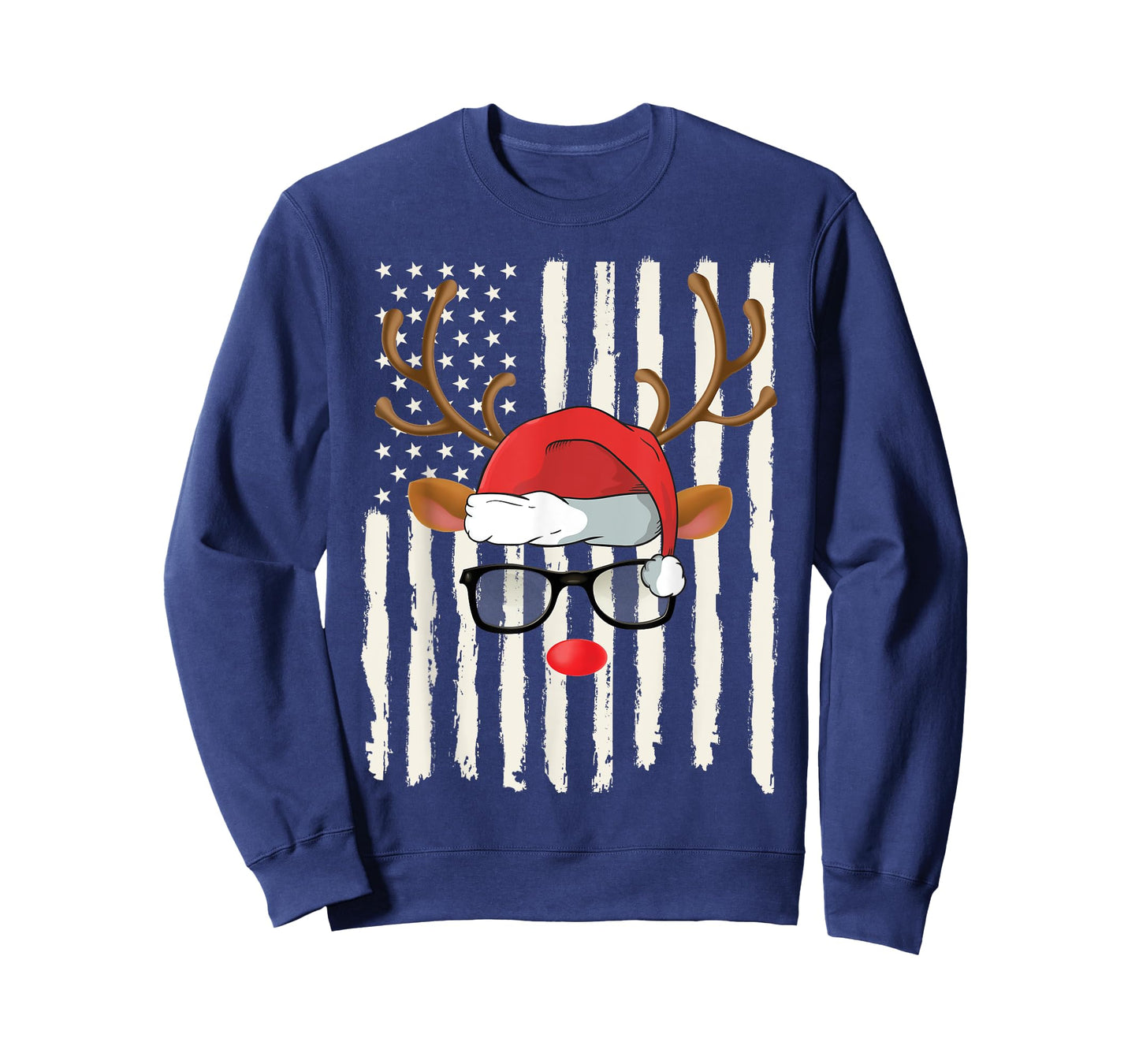 Cute Reindeer Santa Hat Glasses American Flag Christmas T-Shirt