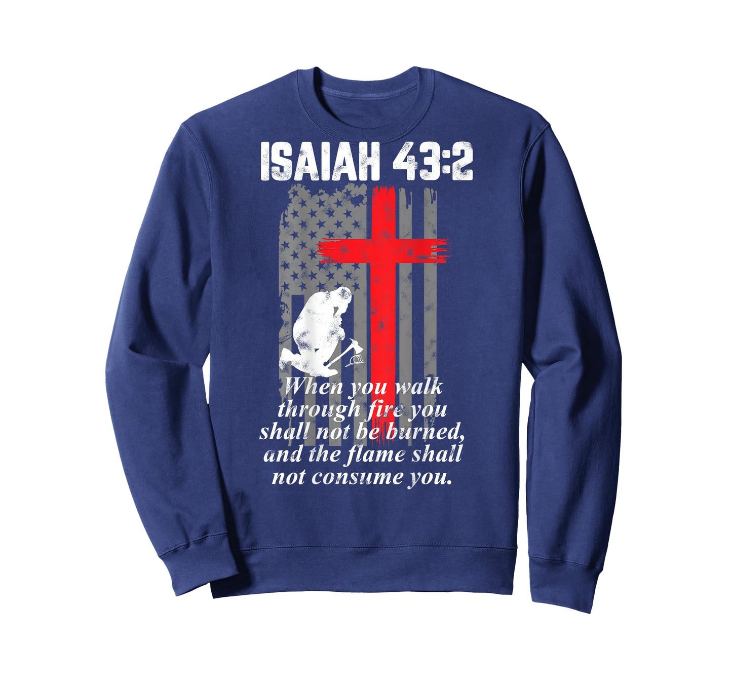 Thin Red Line Firefighter Cross Bible Verse American Flag T-Shirt Small