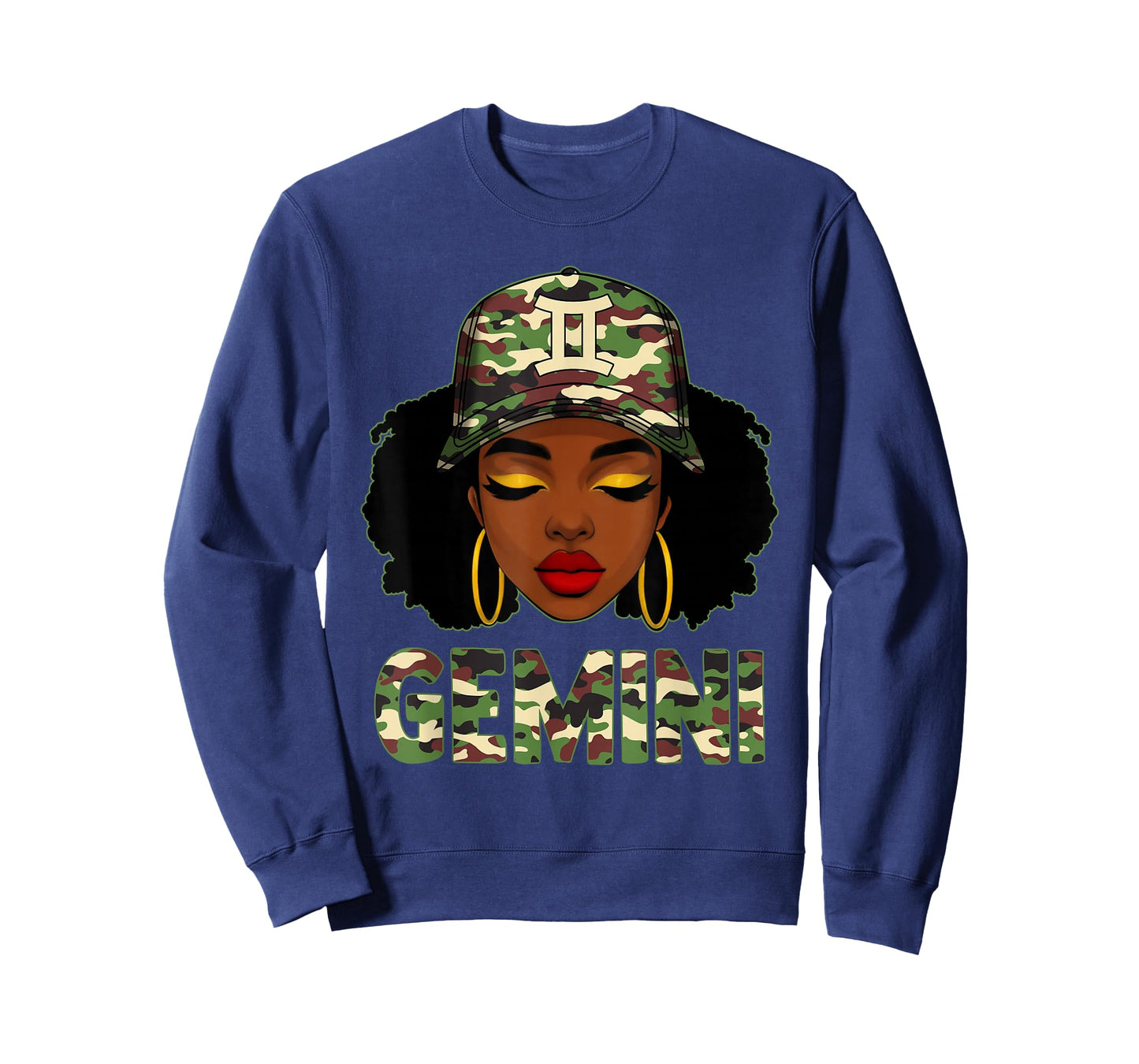 Gemini Queen Black Woman with Camo Cap Afro Girl Zodiac T-Shirt