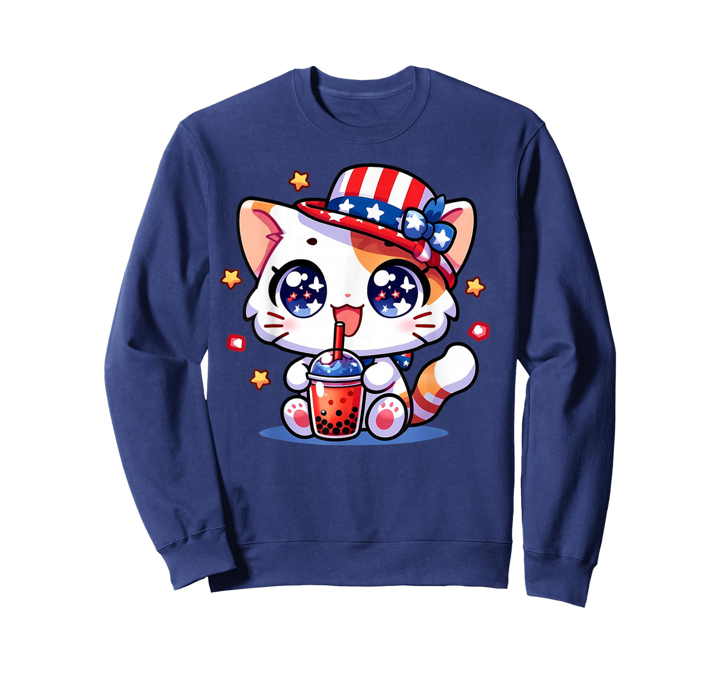 Cute 4th of July Cat Shirt Girls Kids Kawaii Anime Boba Tea T-Shirt