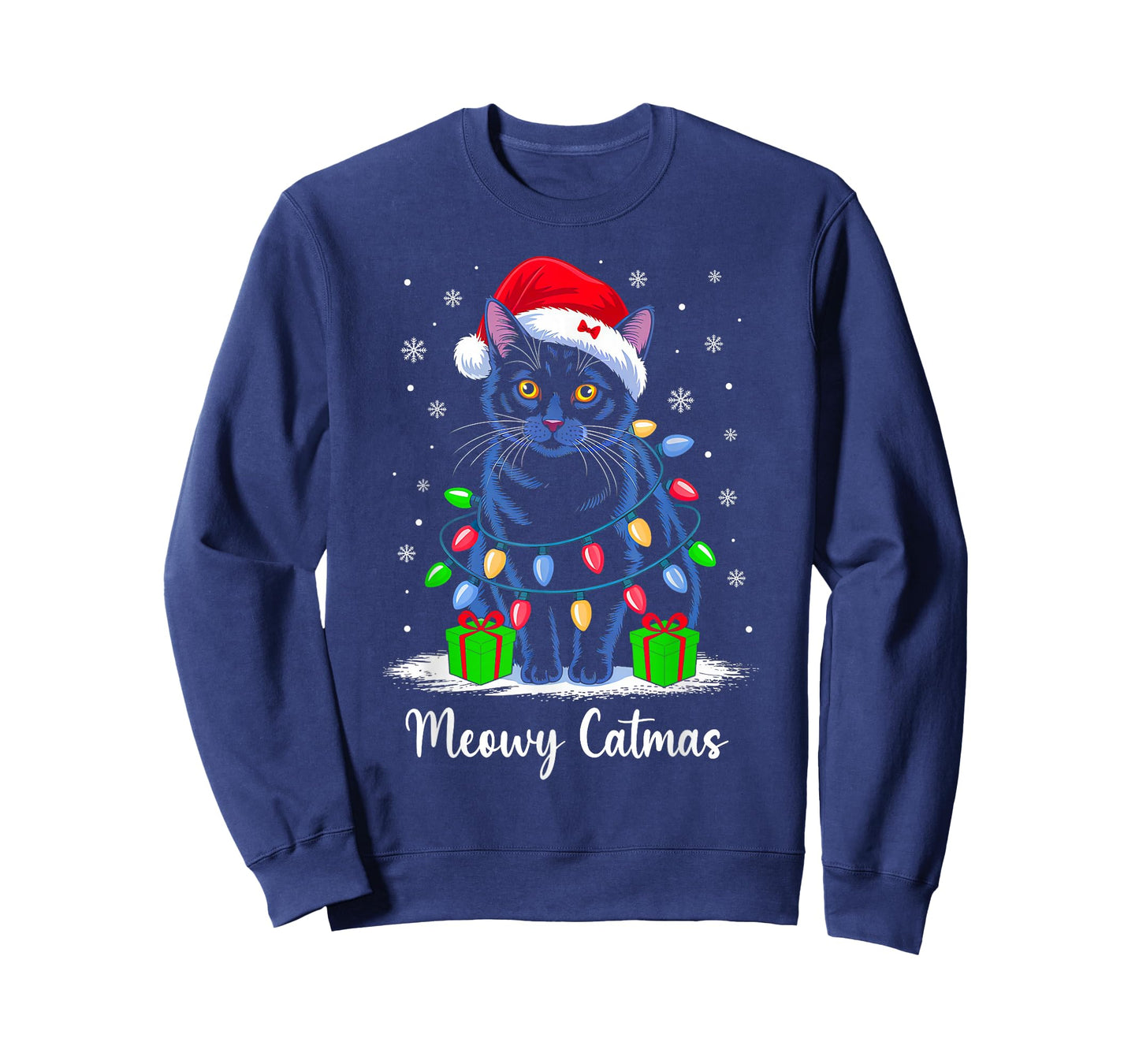 Meowy Catmas Xmas Lights Red Santa Hat Christmas Cat Lover T-Shirt