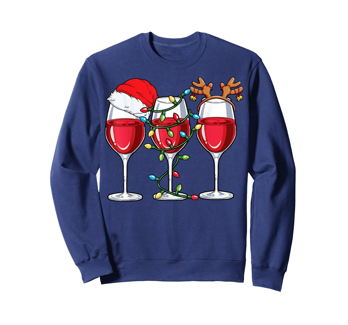 Wine Christmas Santa Hat Xmas Lights Reindeer Antlers Women T-Shirt