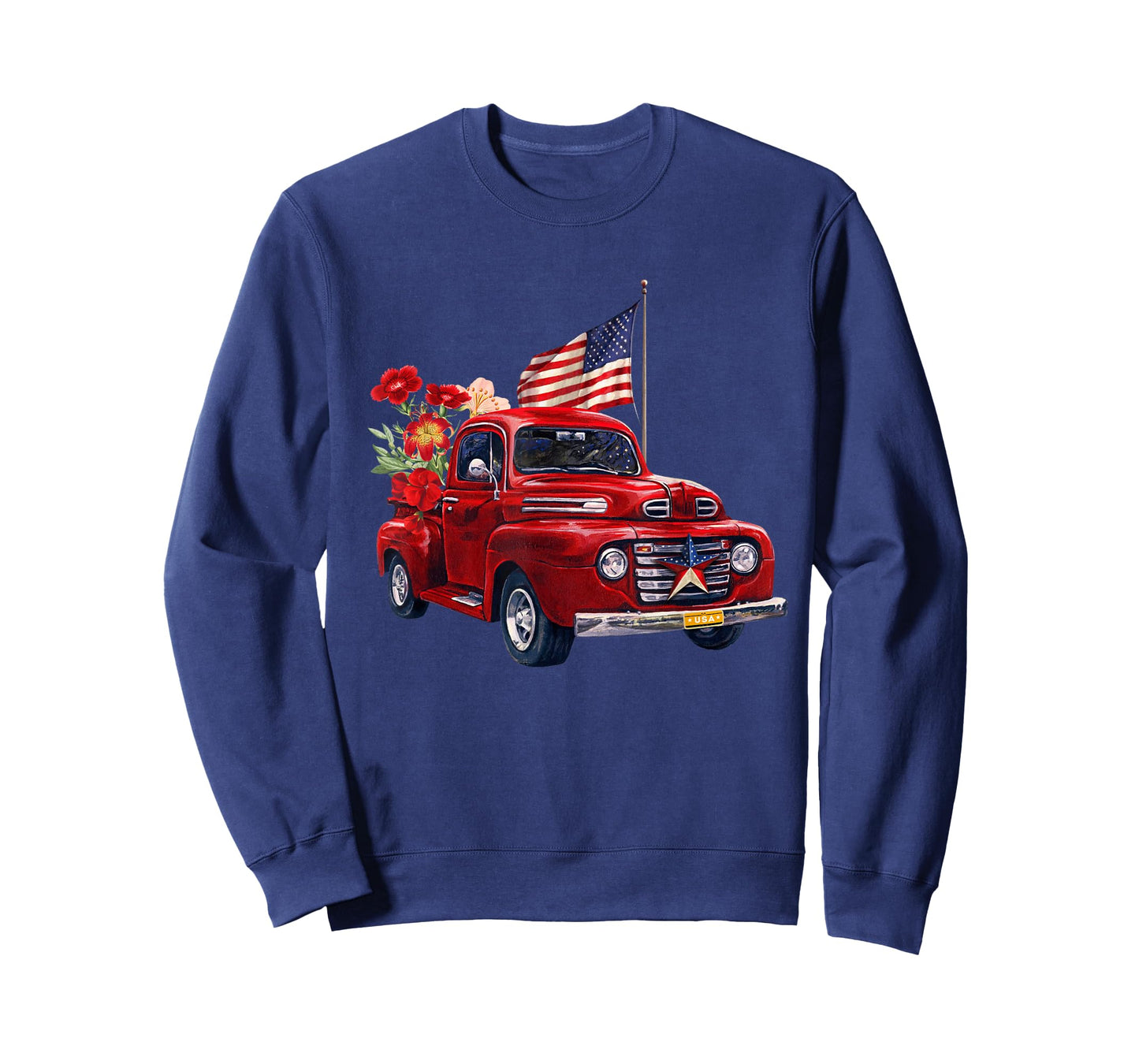 Red Truck With Flowers American Flag Happy 4th Of July Women Men T-Shirt