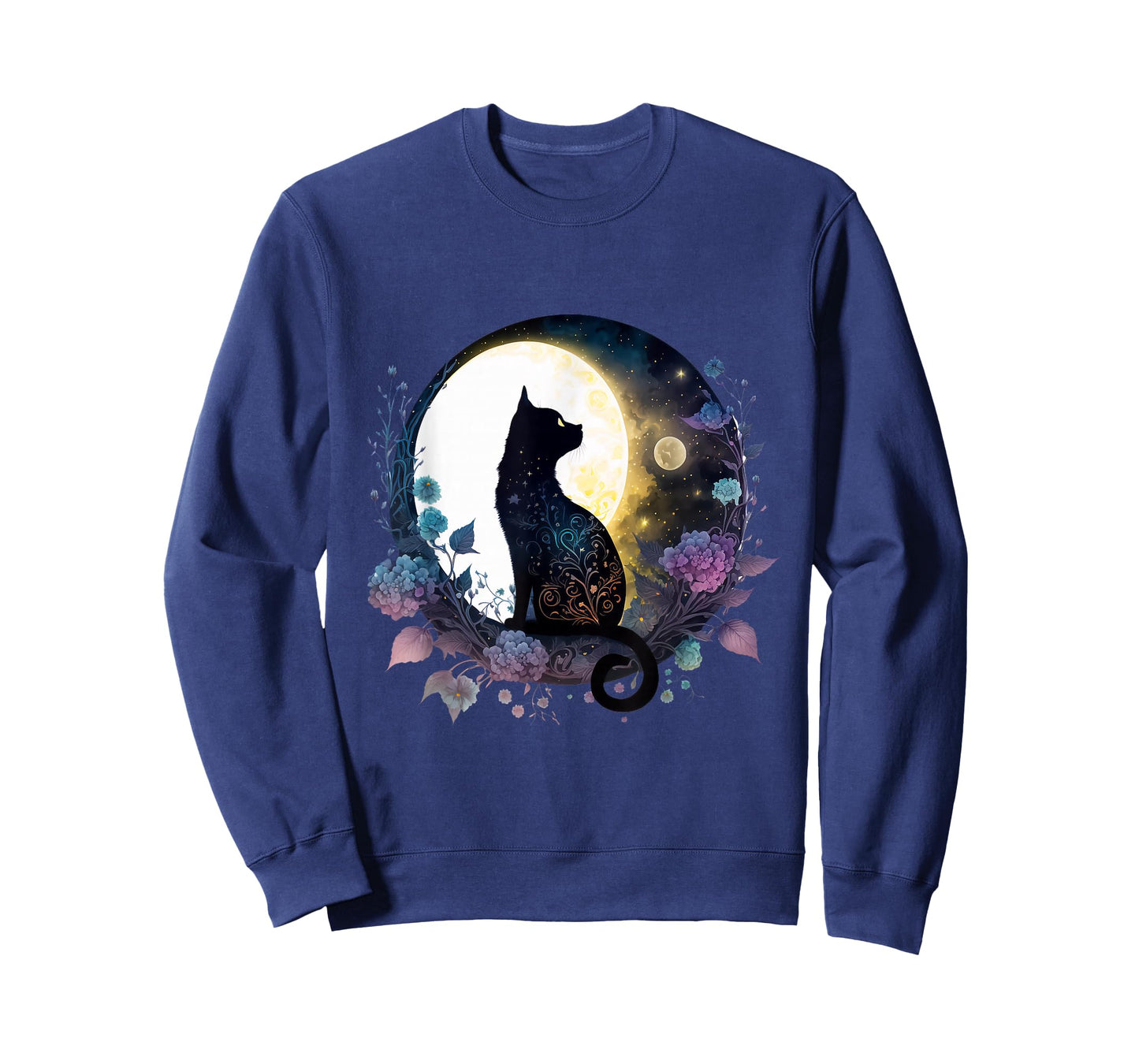 Moonlit Black Cat Tee – Lunar Floral Night Cat T-Shirt