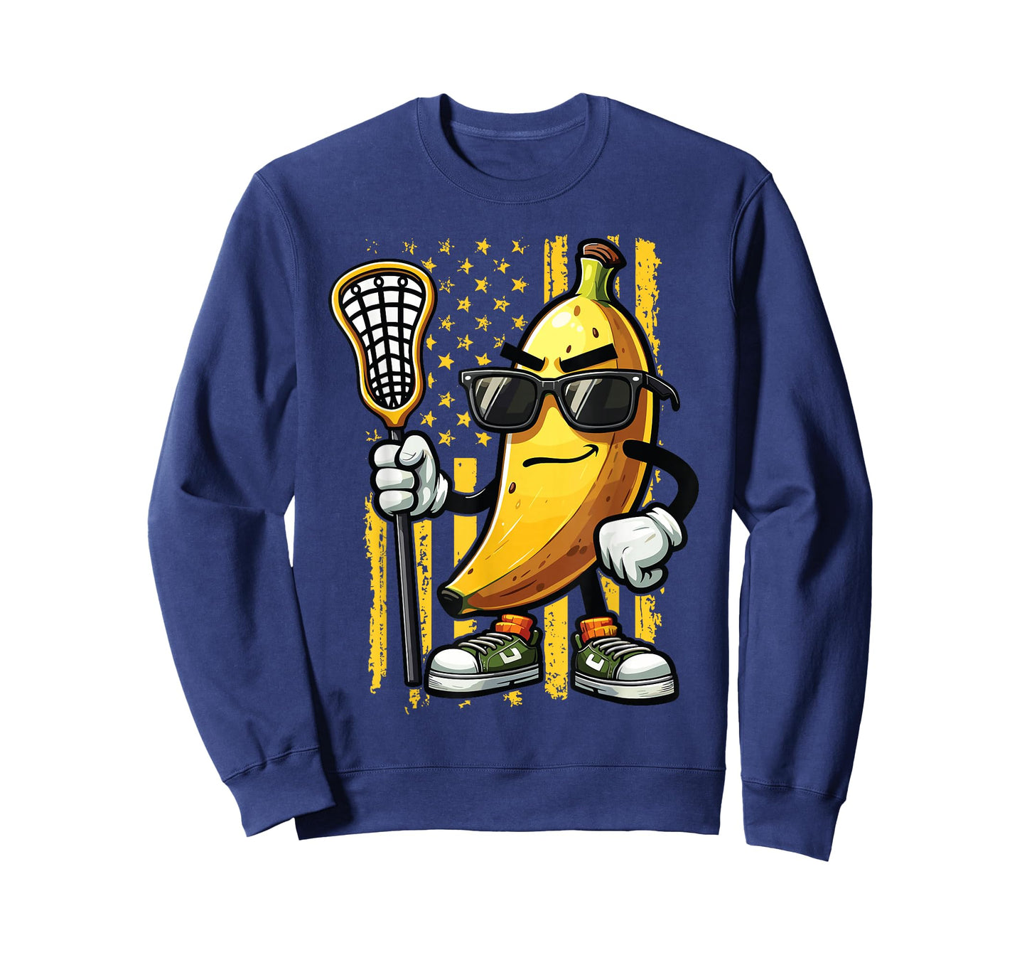 Banana Playing Lacrosse Sunglasses American Flag Funny T-Shirt