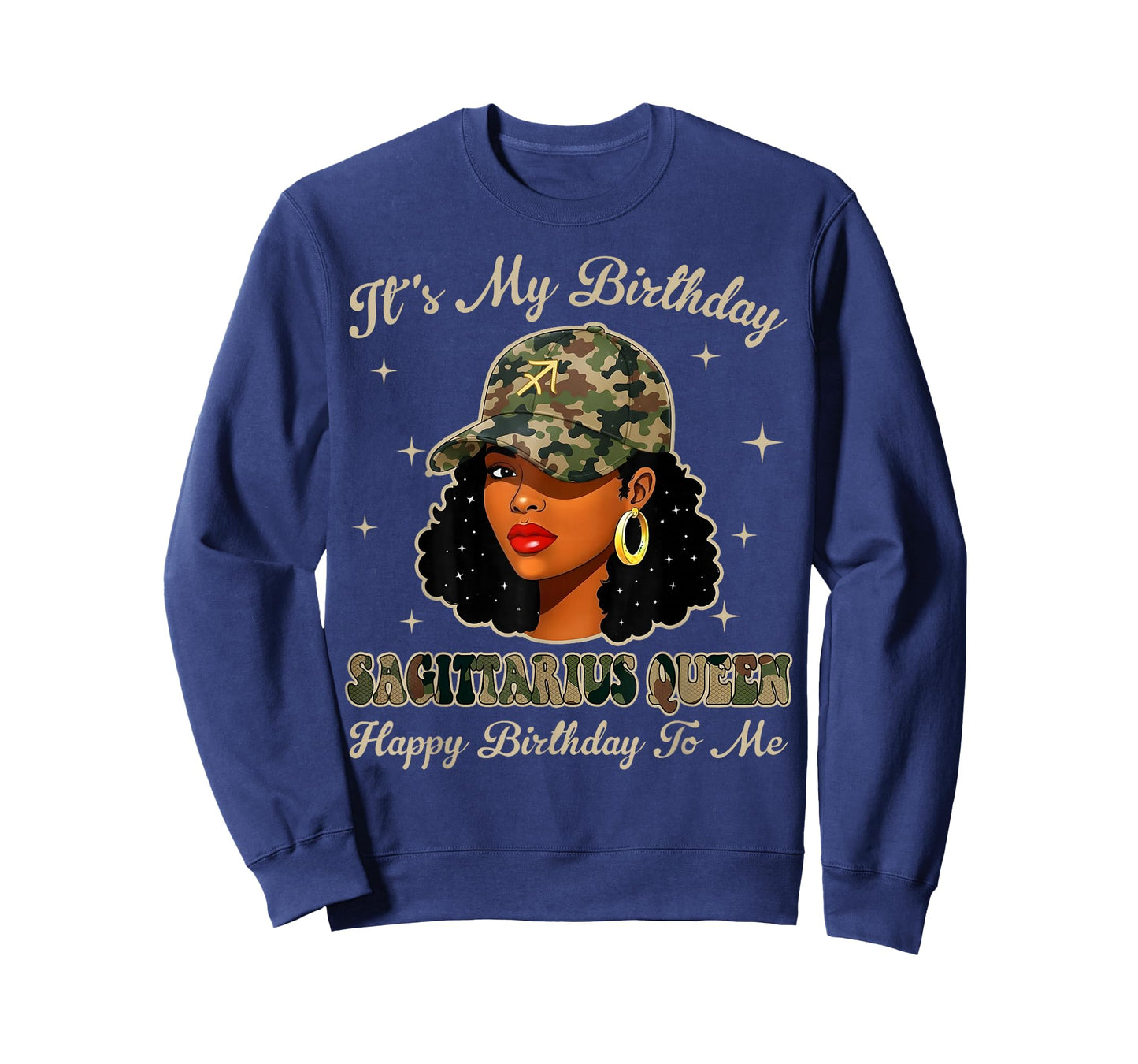 Sagittarius Queen Black Woman with Cap Camo Afro Girl Zodiac T-Shirt