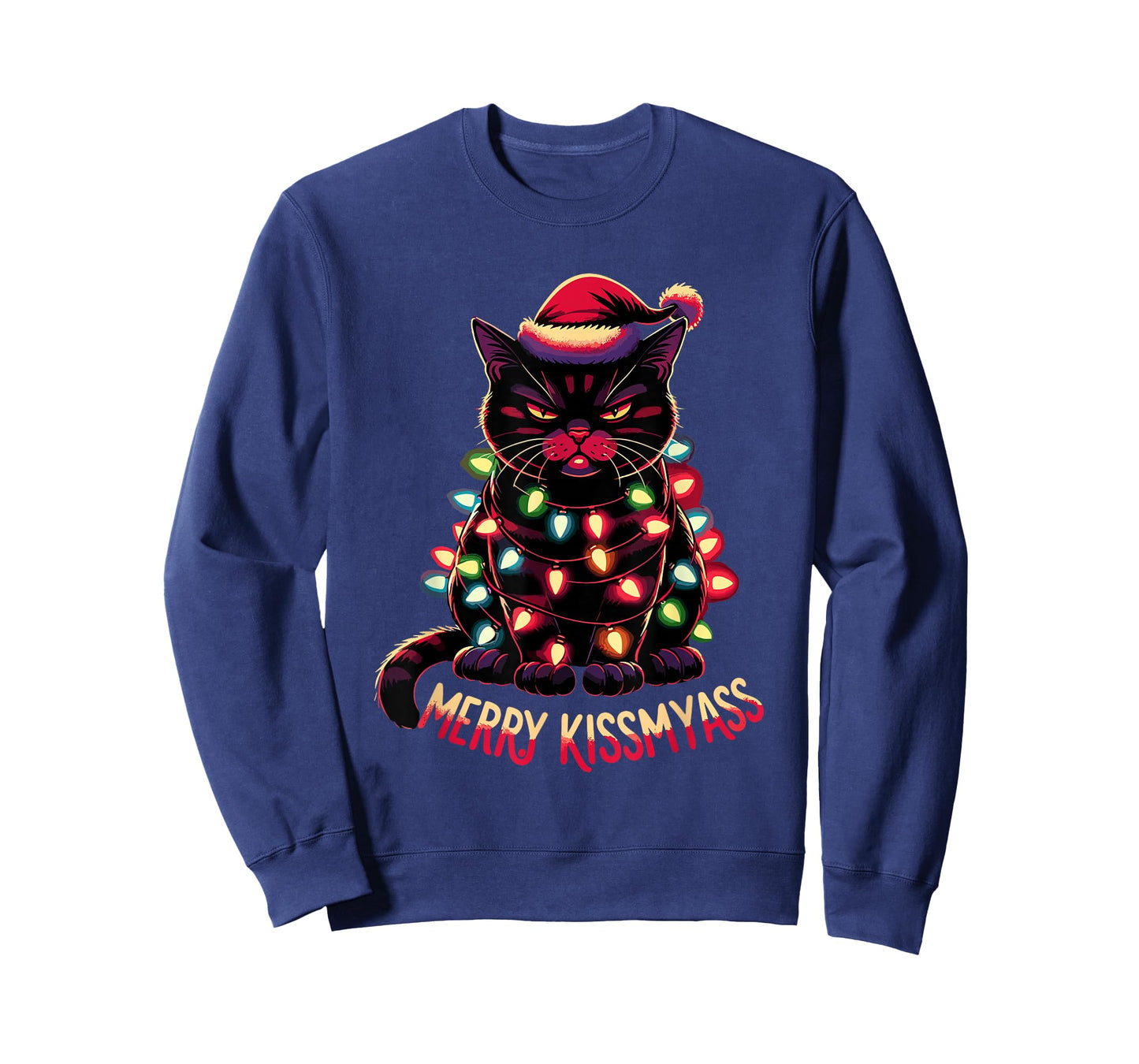 Merry Kissmyass Funny Black Cat Christmas Lights Santa Hat T-Shirt