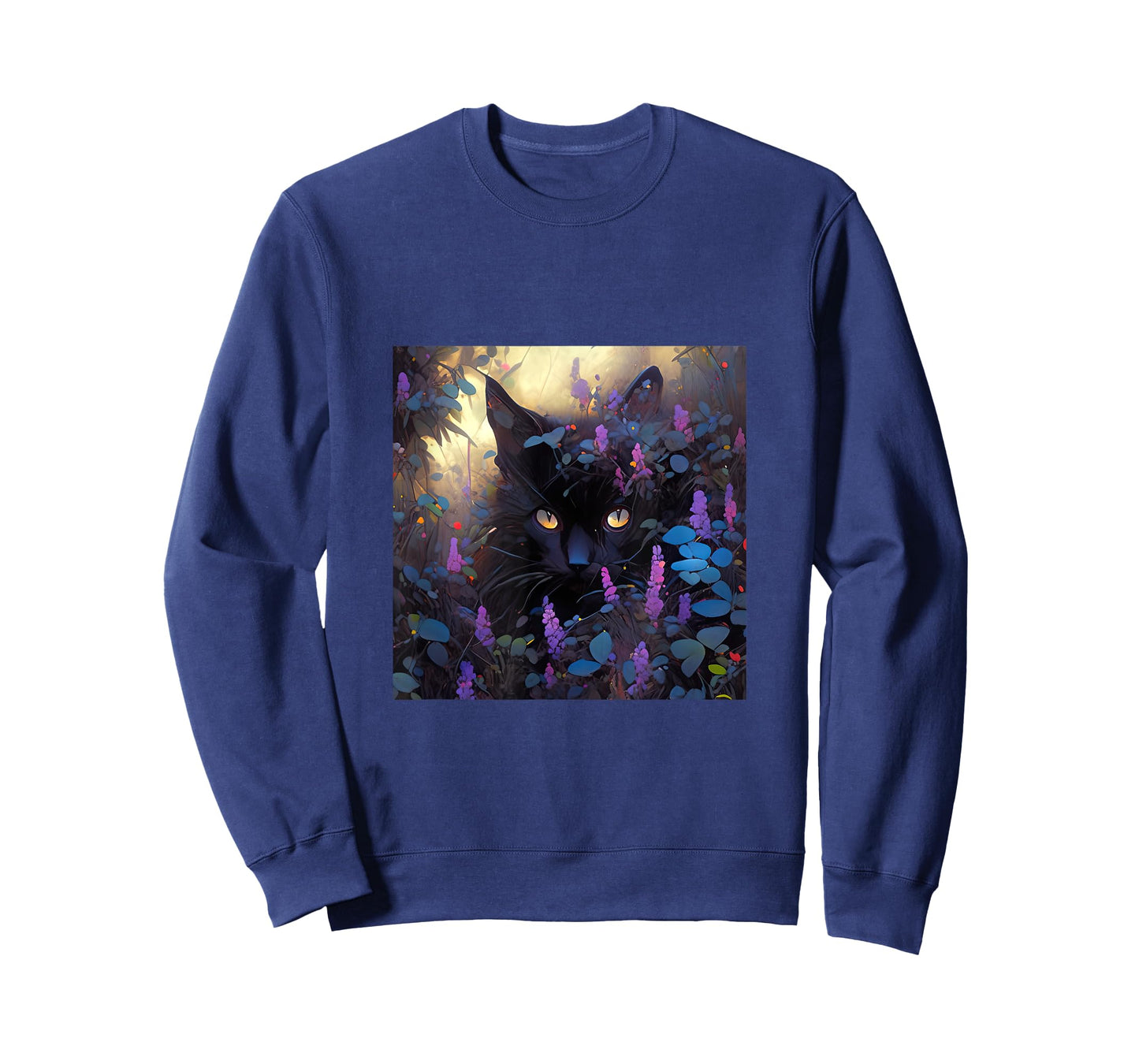 Black Adorable Cat Purple Spring Flowers T-Shirt for Men Women