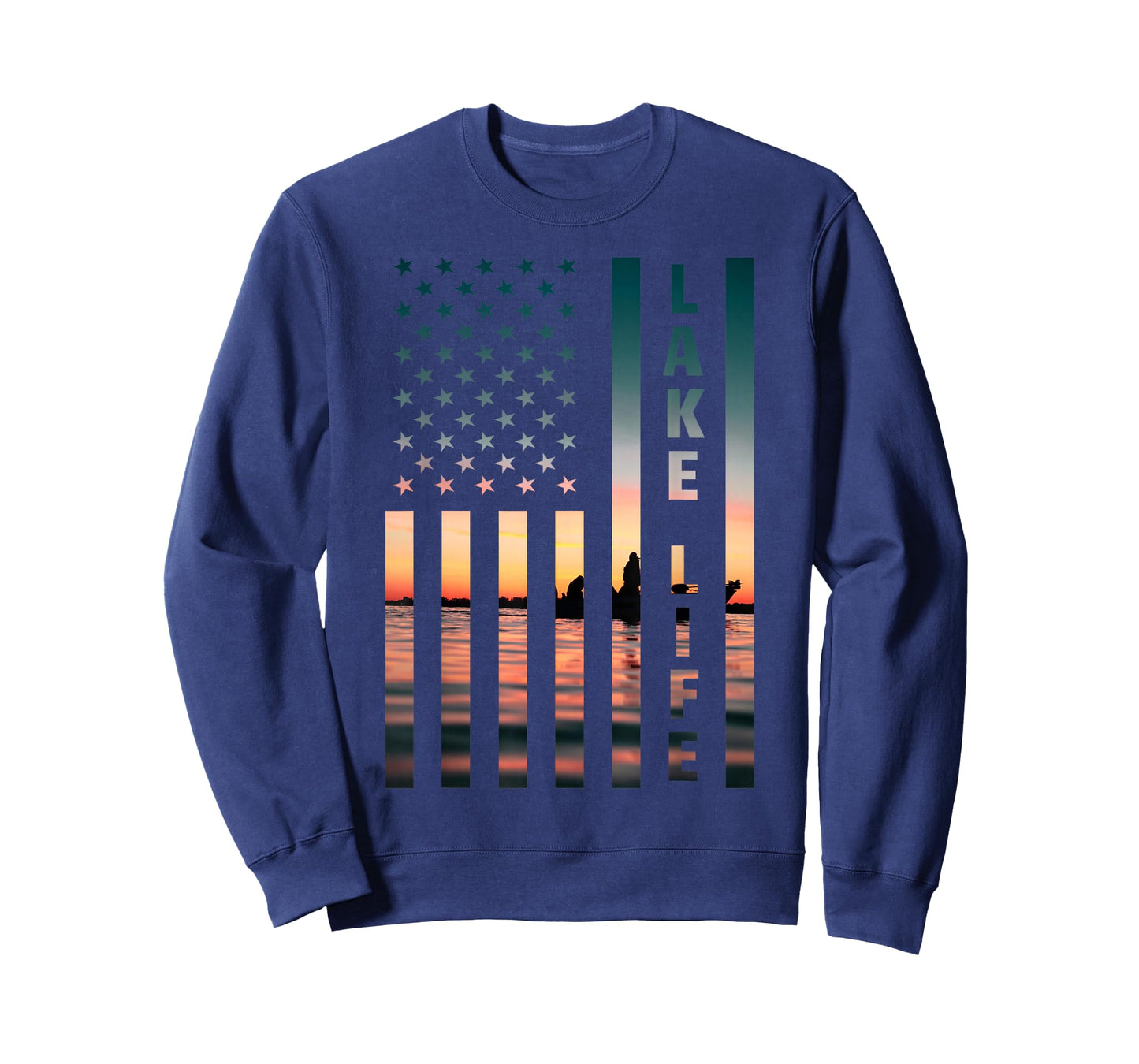 Lake Life Fisherman Sunset American Flag Bass Fishing Boat T-Shirt