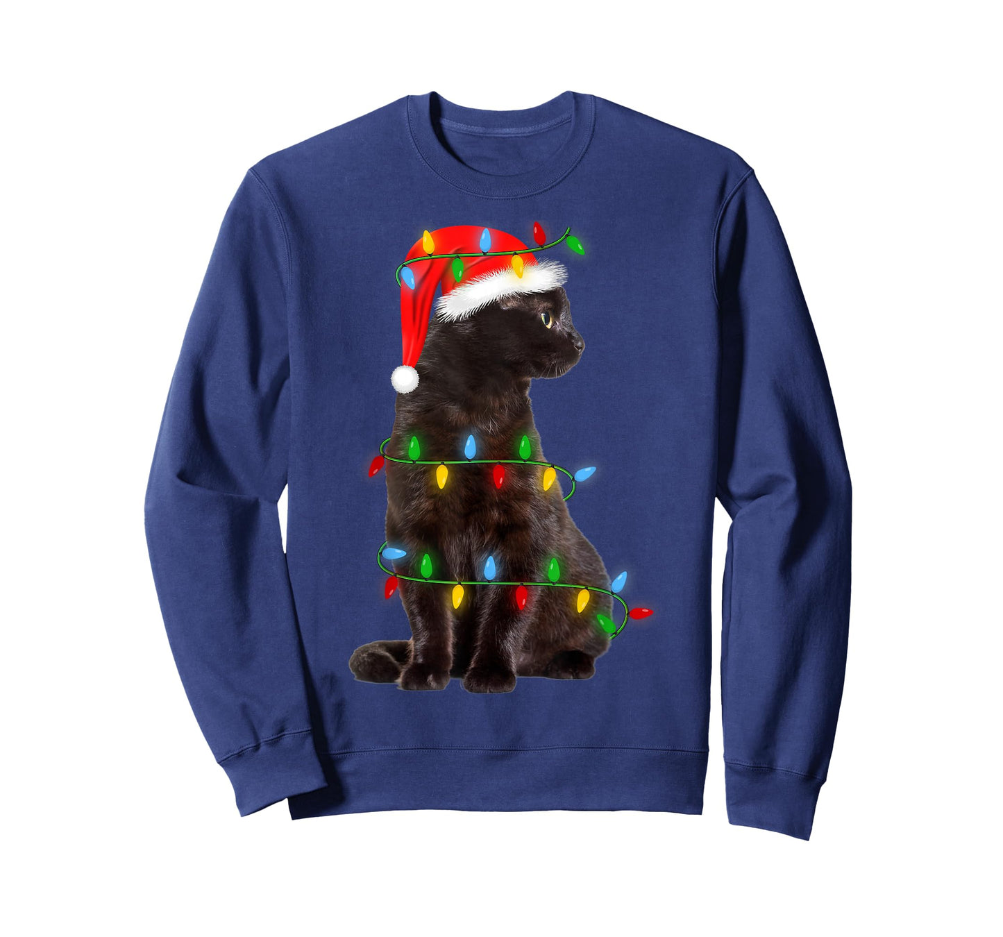 Black-Cat Christmas Tree Lights Funny Santa Kitten Led Light T-Shirt