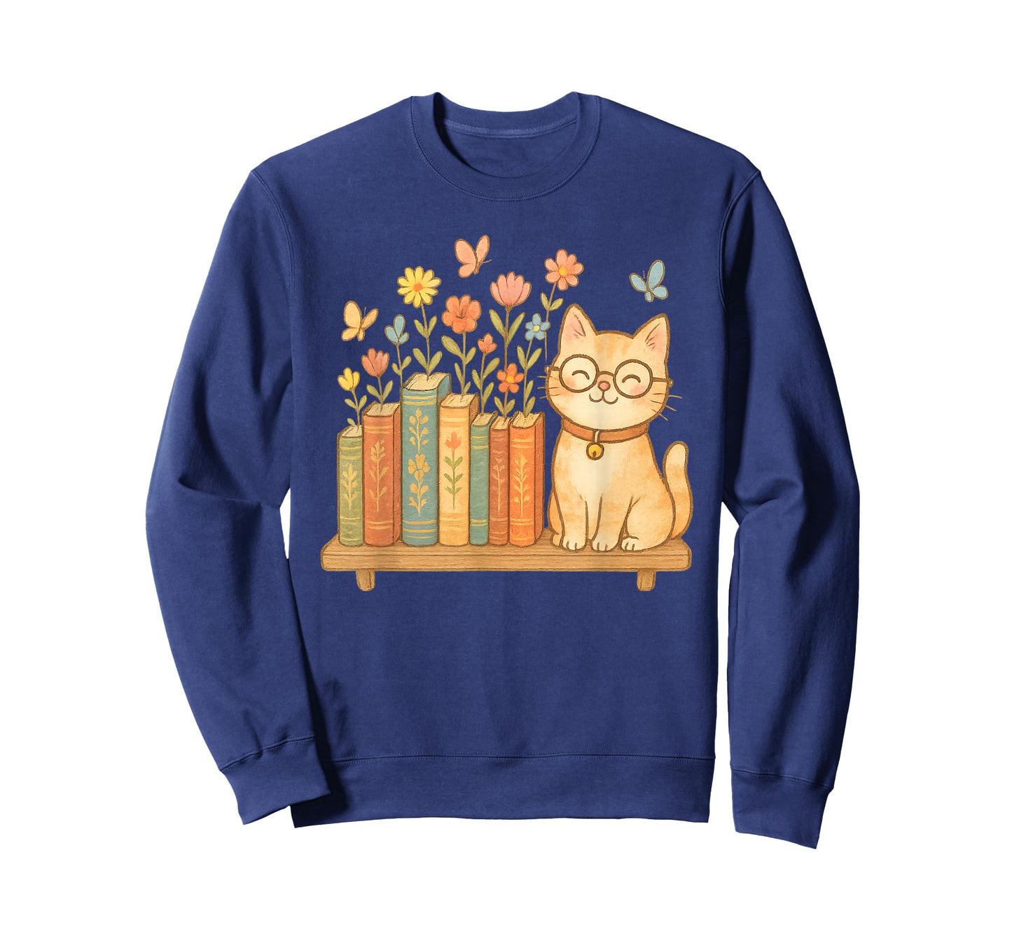 Cute Kawaii Cat Books Flowers T-Shirt