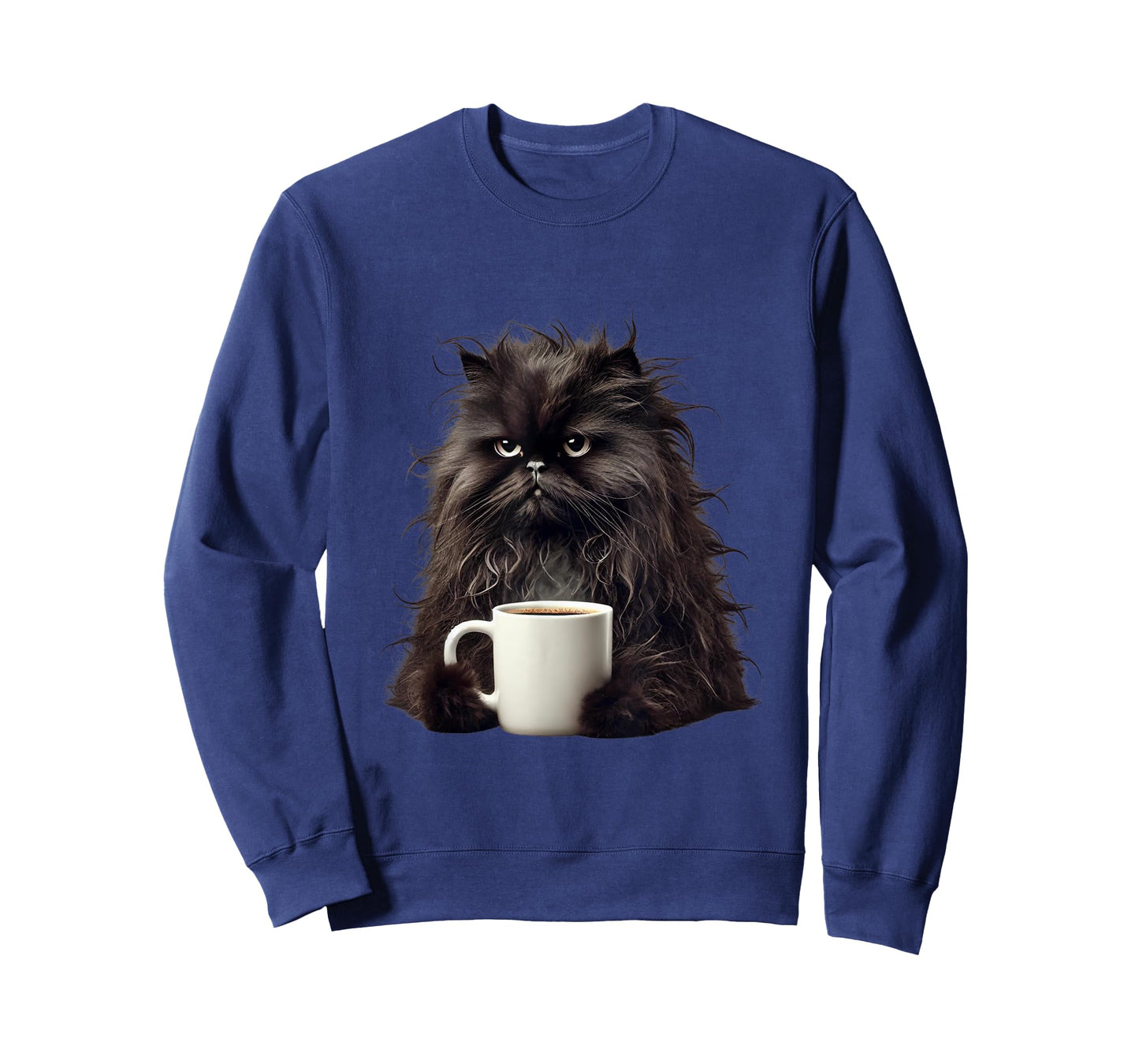 Fluffy Black Cat with Coffee Mug - Funny Cute Design Cat Mom T-Shirt