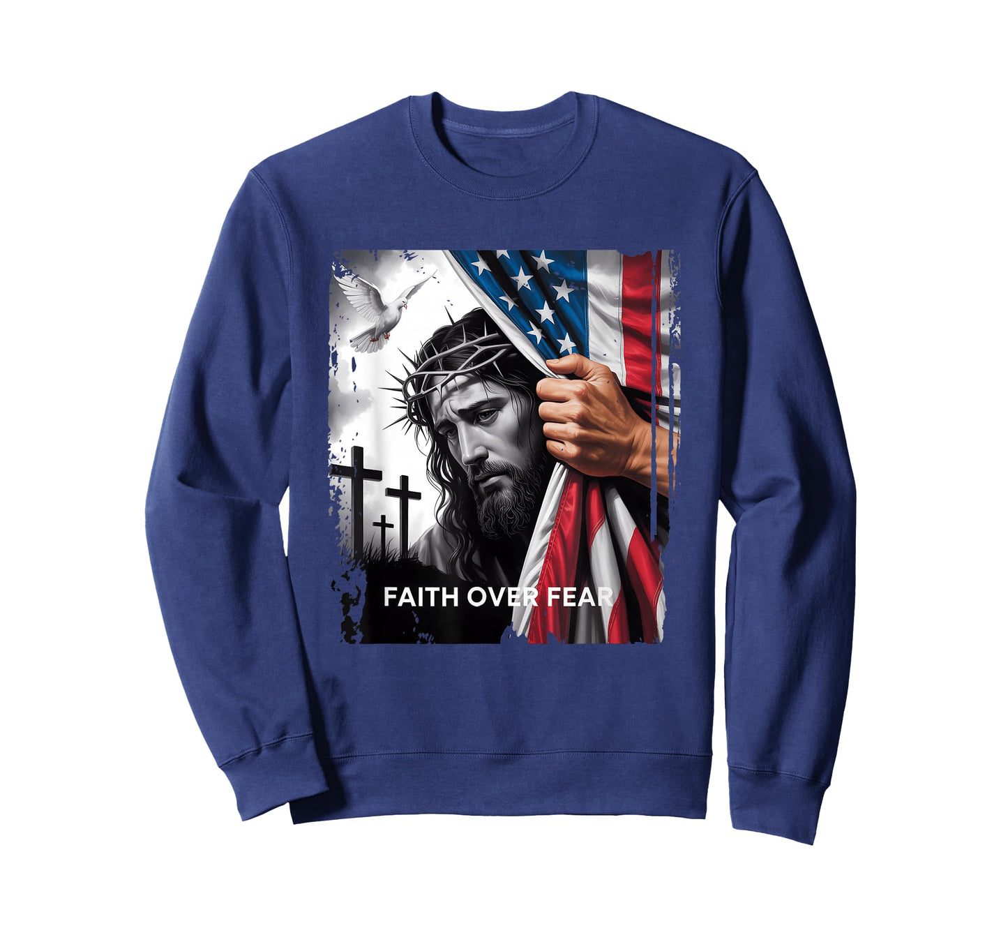 Faith Over Fear Sad Face Of Jesus Christian Usa Flag Patriot T-Shirt