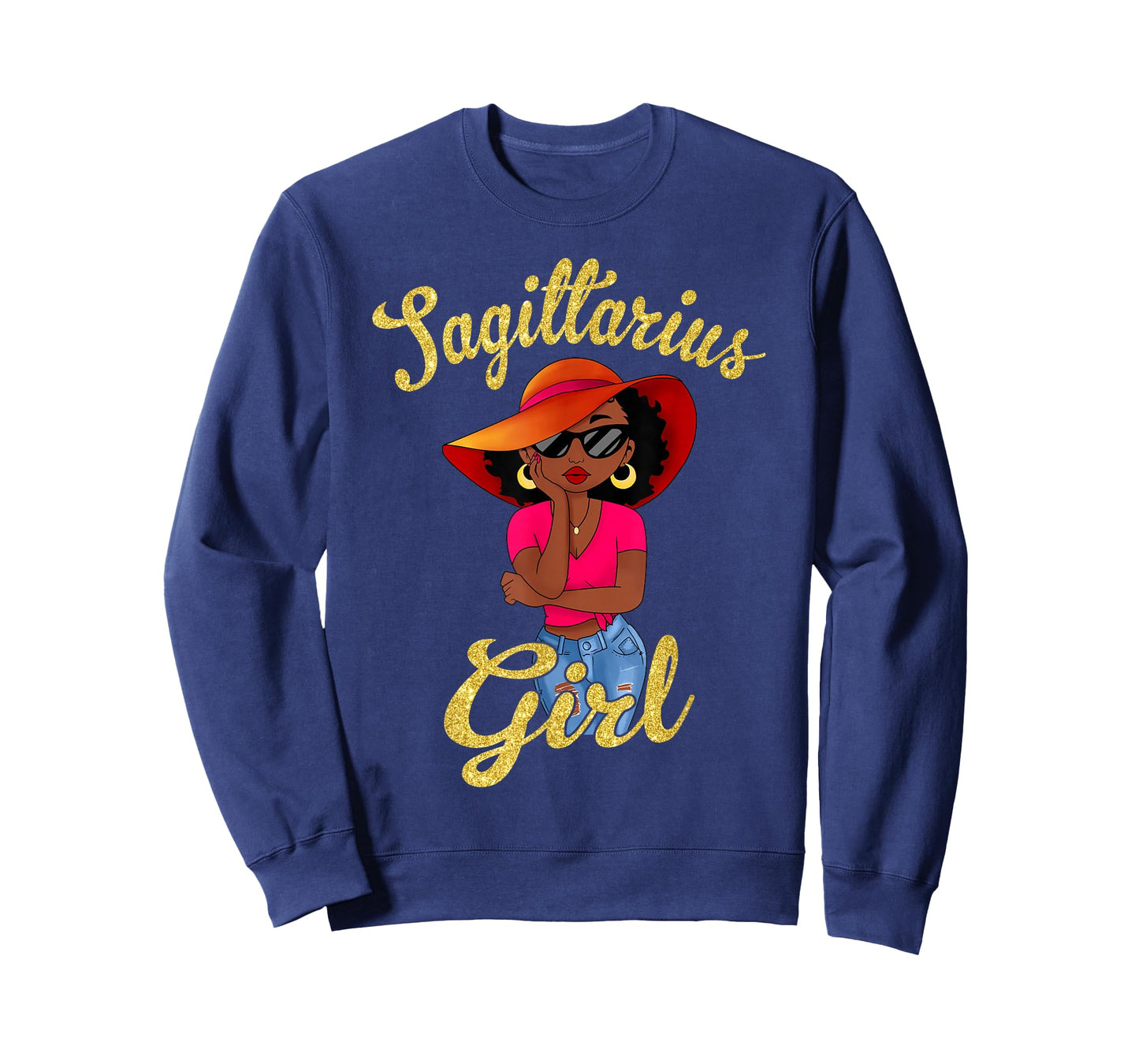 Sagittarius Black Girl Sun Hat Glasses Zodiac Birthday Women T-Shirt