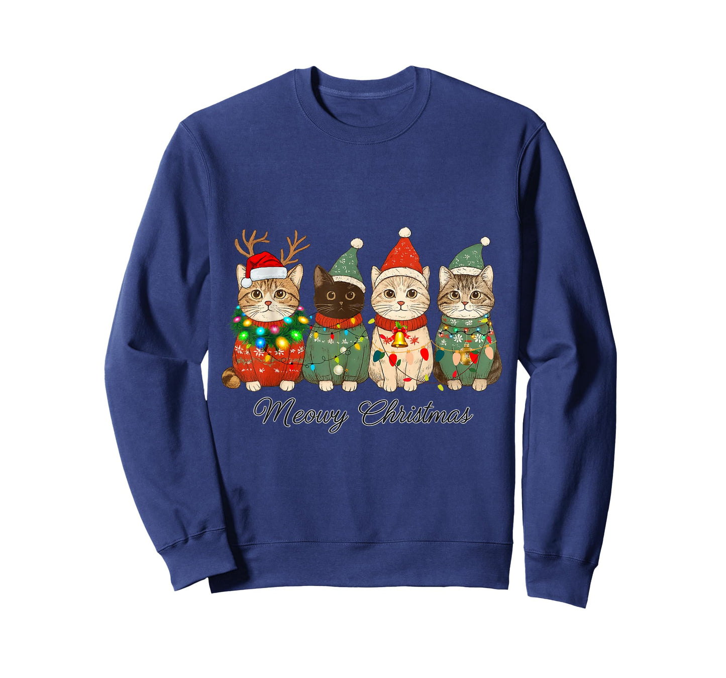Cat Christmas Light Reindeer Santa Christmas Cat Lover Xmas T-Shirt