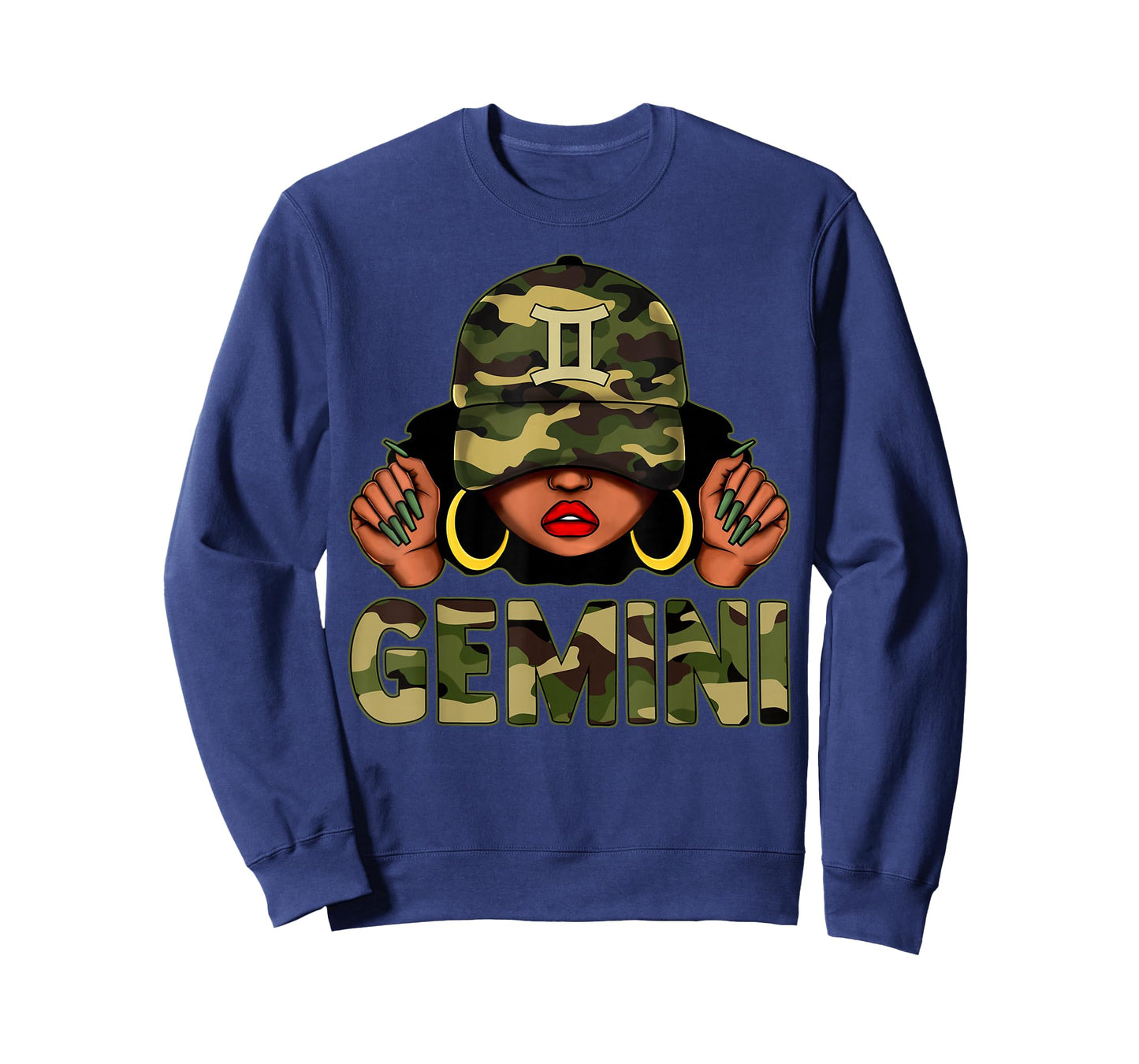 Gemini Queen Black Woman With Cap Camo Afro Girl Zodiac T-Shirt
