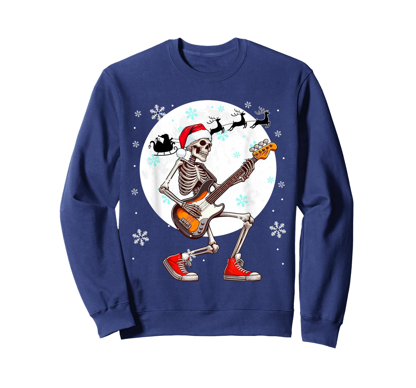 Christmas Santa Skeletons Playing Guitar Bass Guitarist T-Shirt