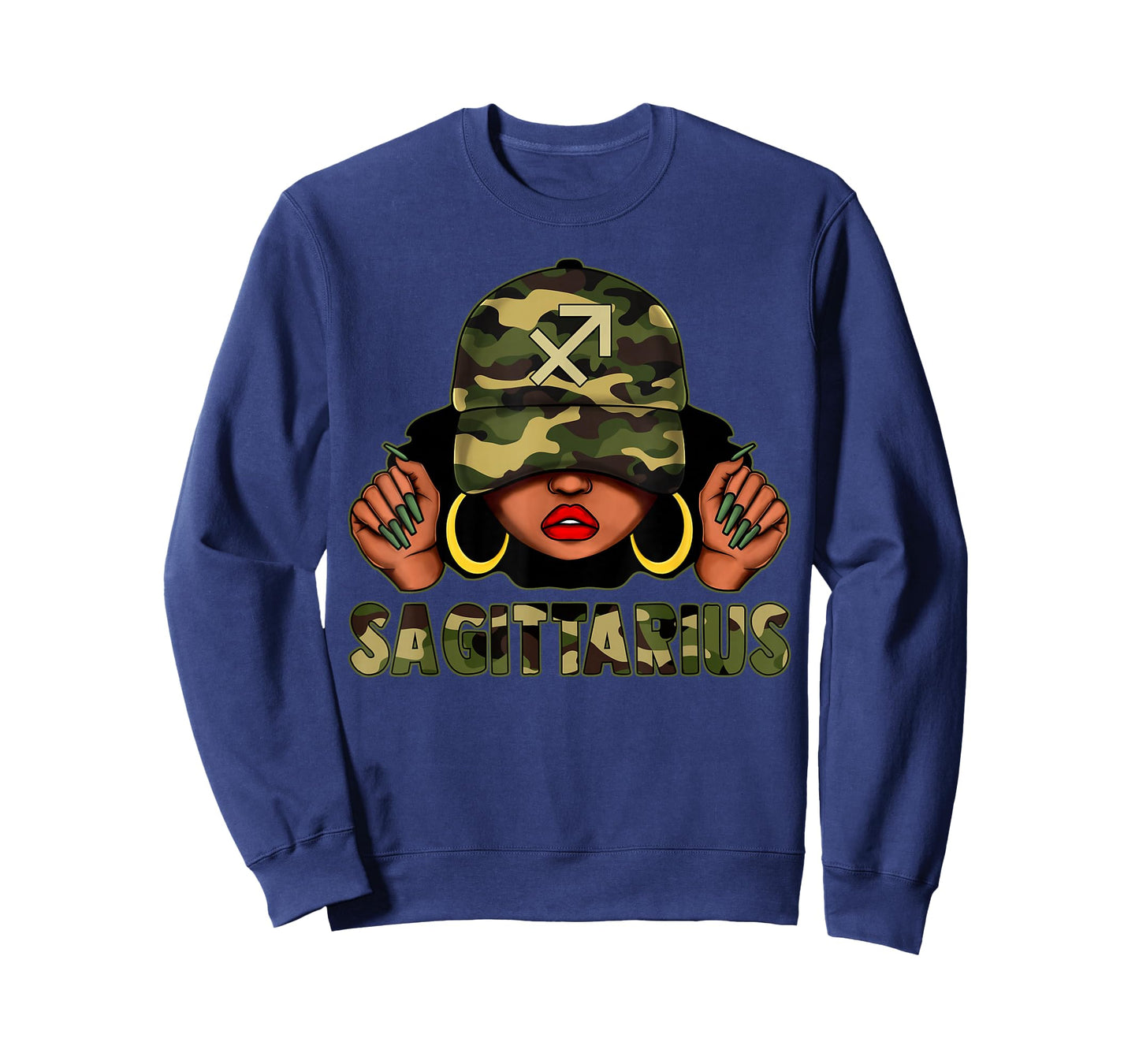 Sagittarius Queen Black Woman with Cap Camo Afro Girl Zodiac T-Shirt