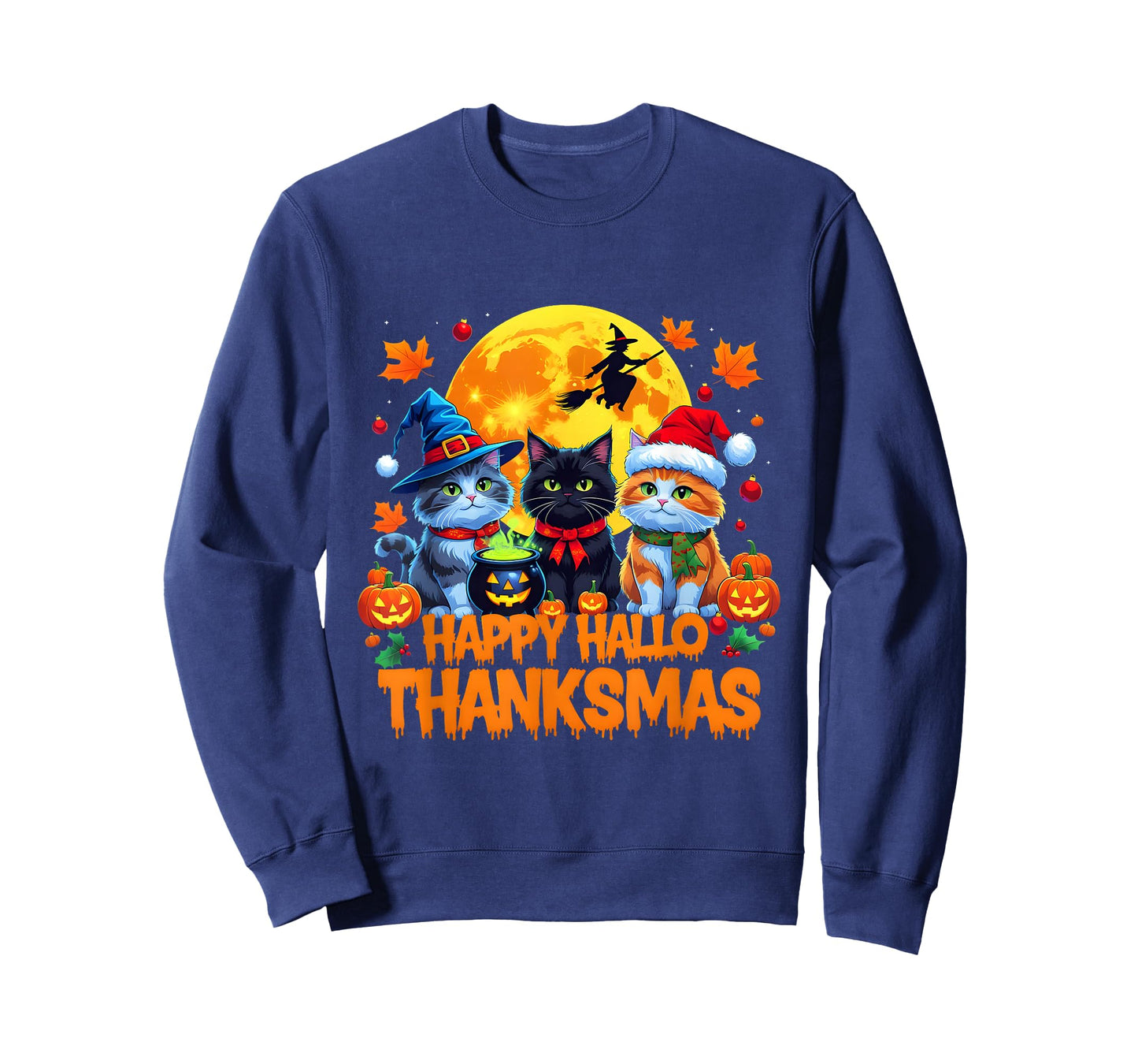 Thanksgiving Christmas Cats Happy Hallothanksmas Halloween T-Shirt
