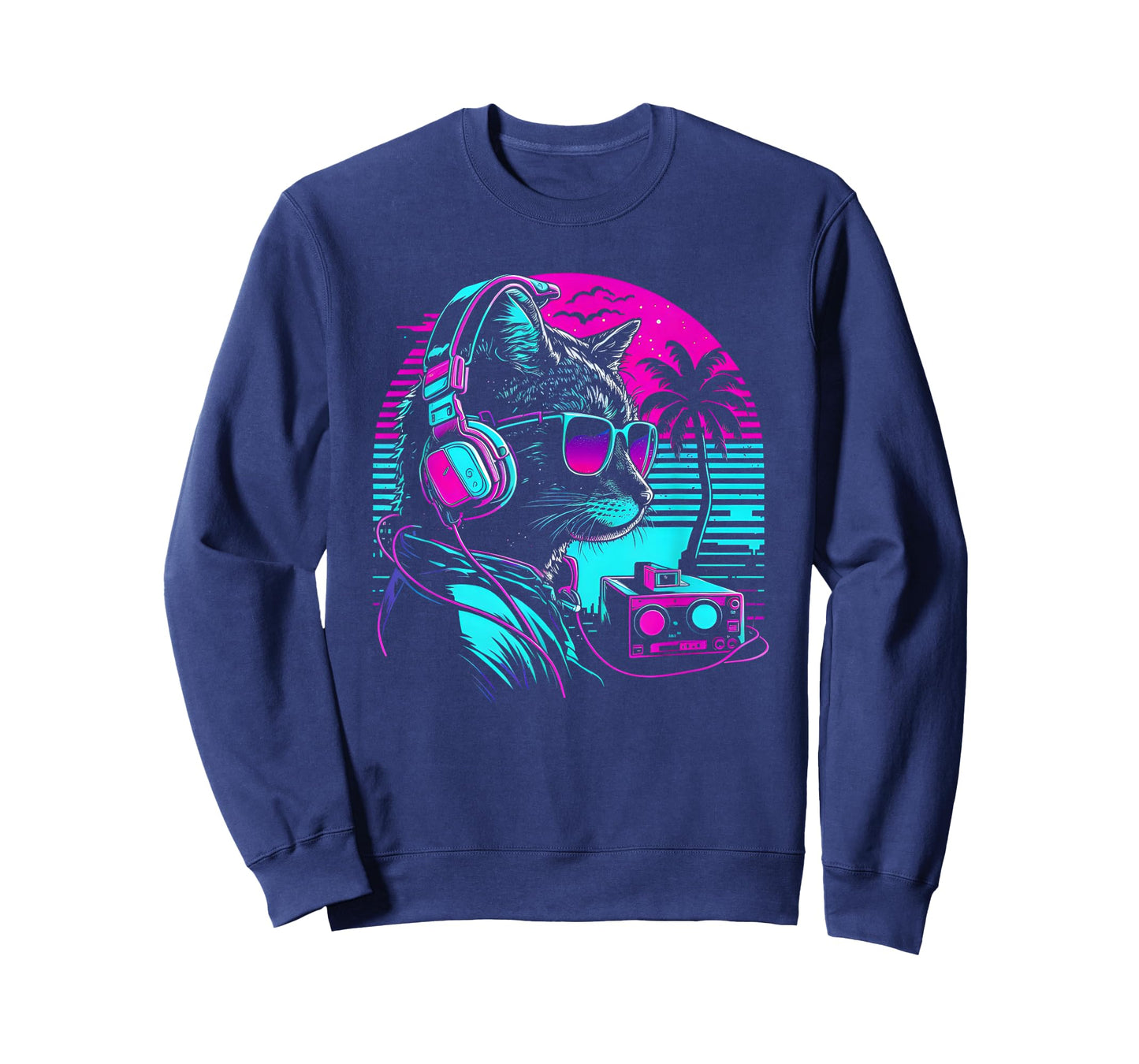 House DJ Cat 80s 90s Kitten Sunset Rainbow DJ Cat Kitty T-Shirt