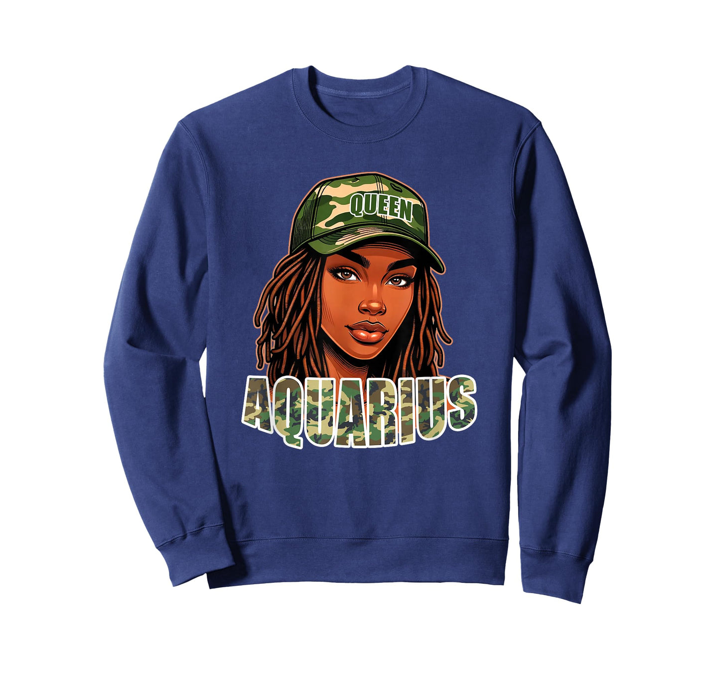 Aquarius Queen Black Woman Camo Hat Locs Birthday T-Shirt