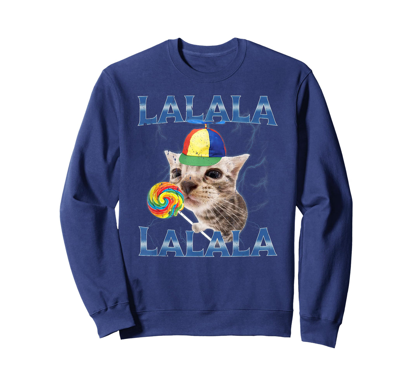 Silly Lalala Cat Meme with Propeller Hat and Candy T-Shirt