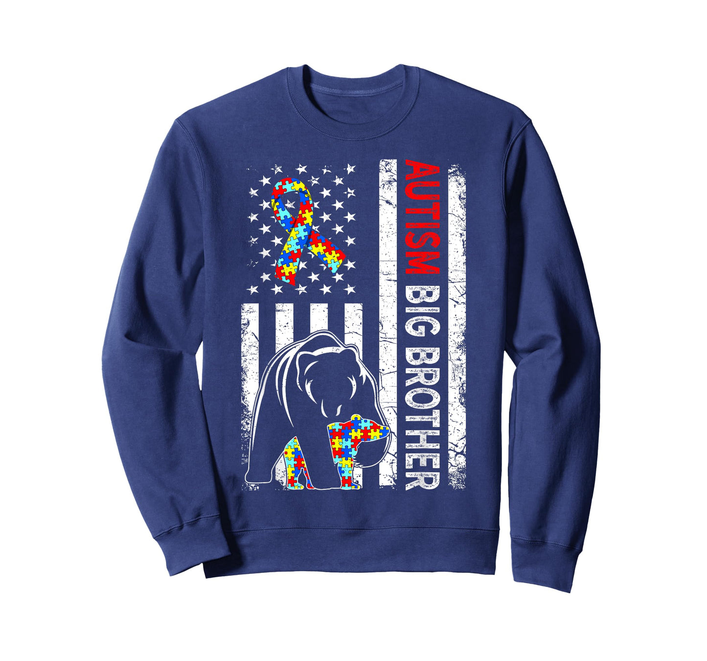 Distressed American Flag Autism Big Brother Bear Awareness T-Shirt for Women Kids Men