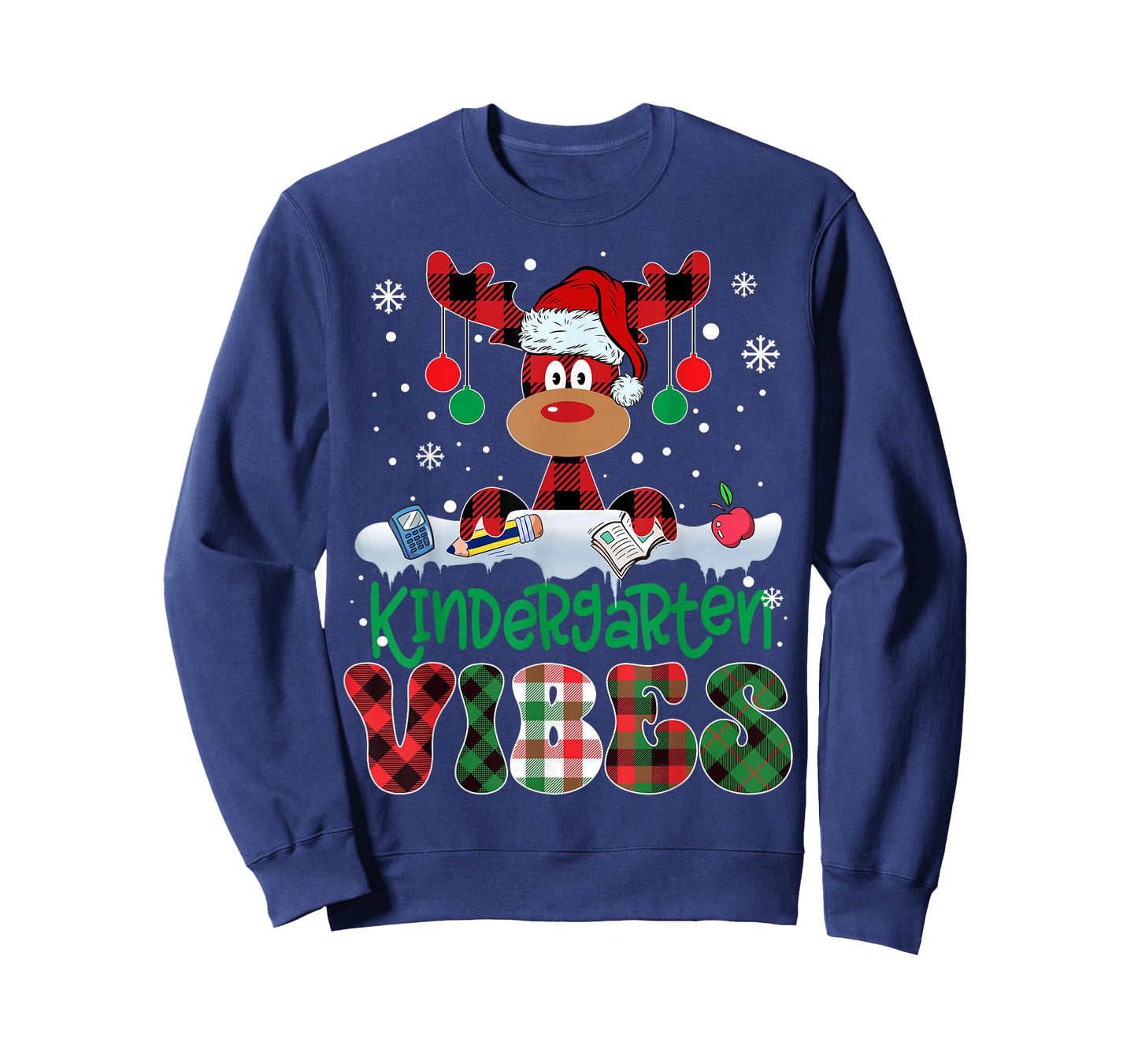 Kindergarten Vibes Teacher Buffalo Plaid Reindeer Christmas T-Shirt