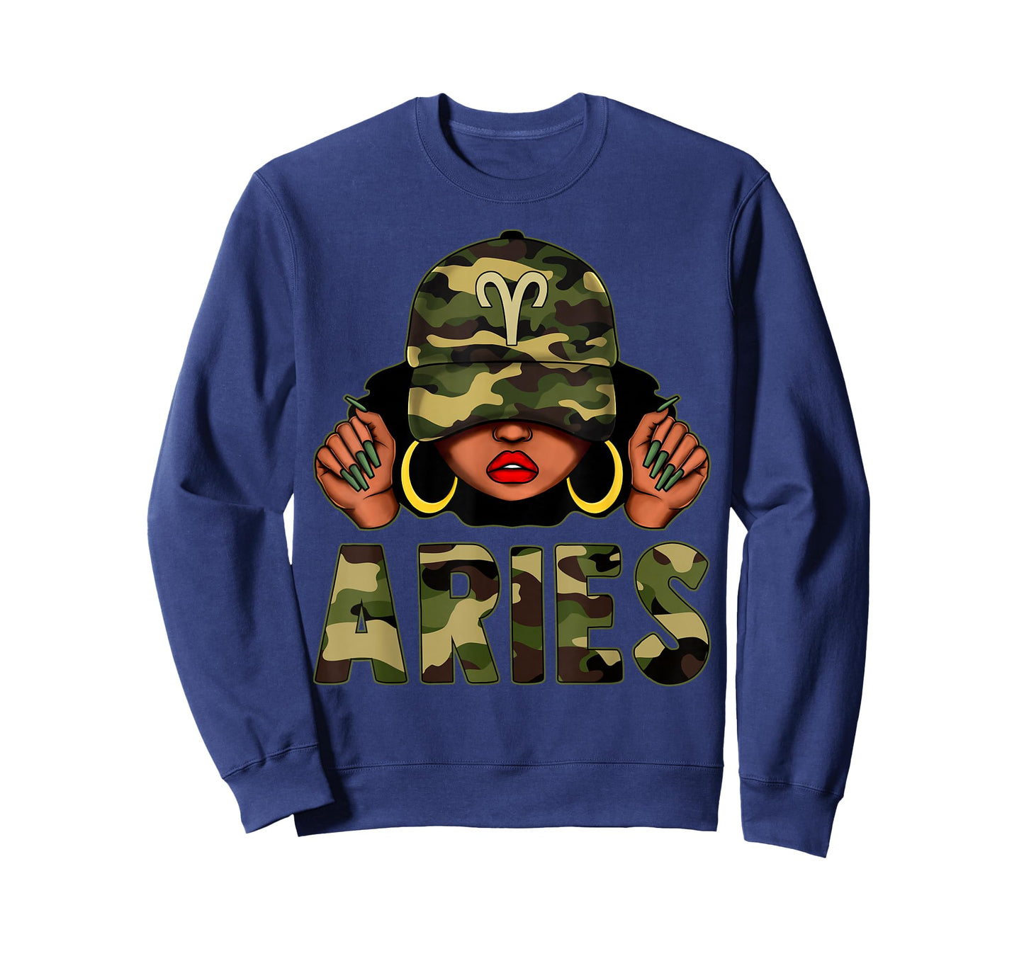 Aries Queen Black Woman With Cap Camo Afro Girl Zodiac T-Shirt