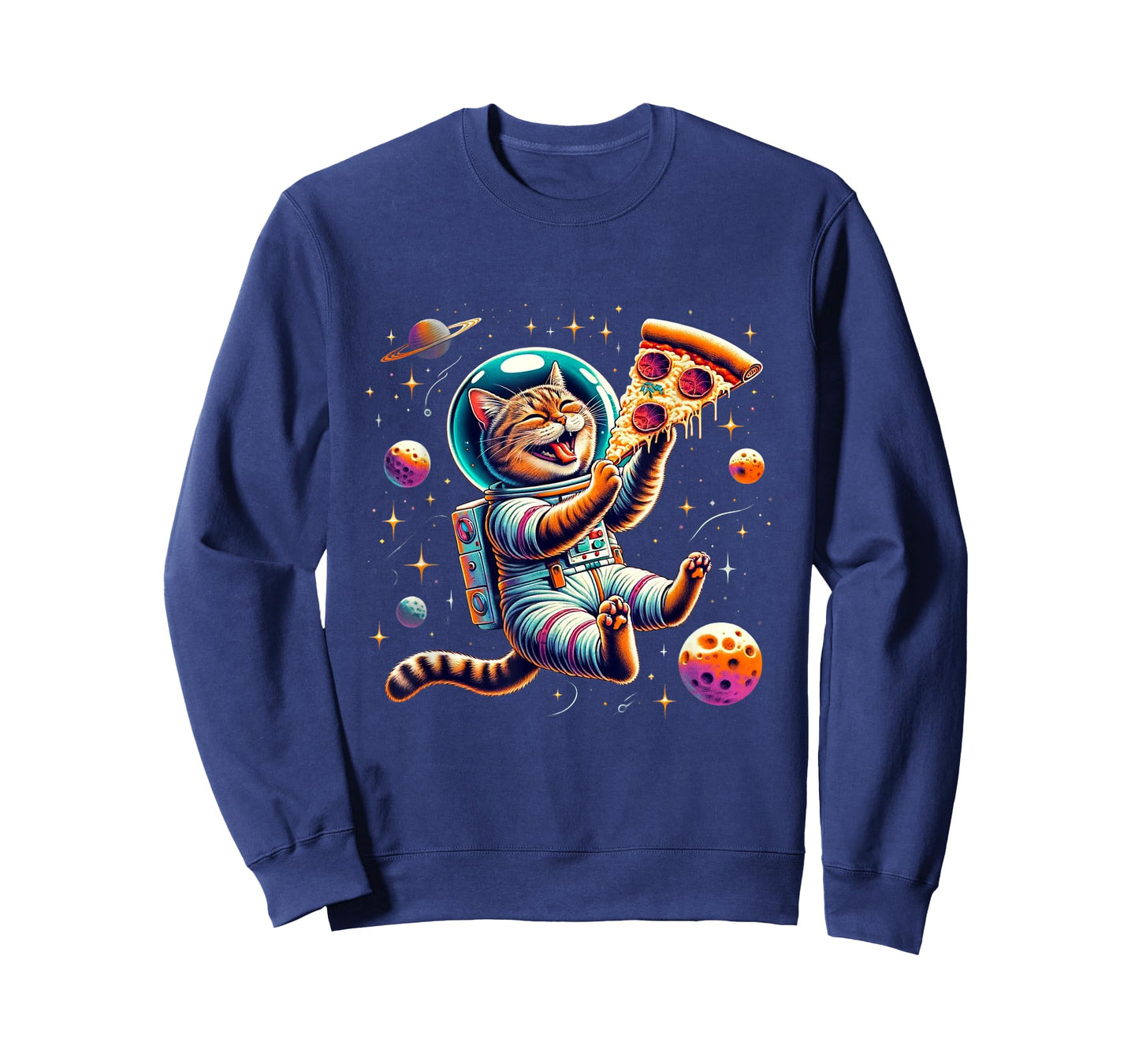 Funny Cat eating Pizza in space kitty Galaxy T-Shirt for Men Women Kids