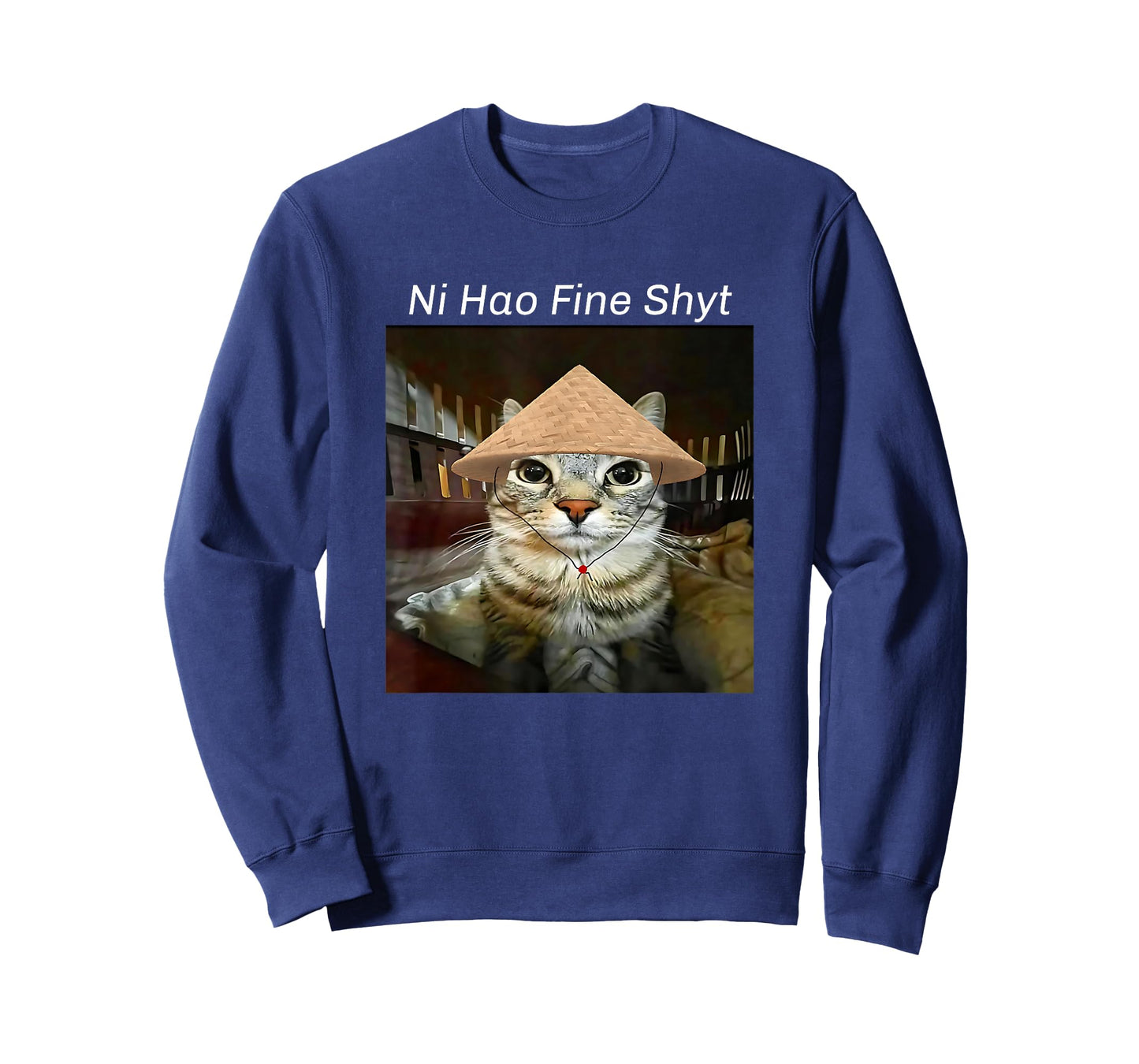 Ni Hao Fine Shyt Funny Silly Cat Meme Brain Red Staring Cat T-Shirt
