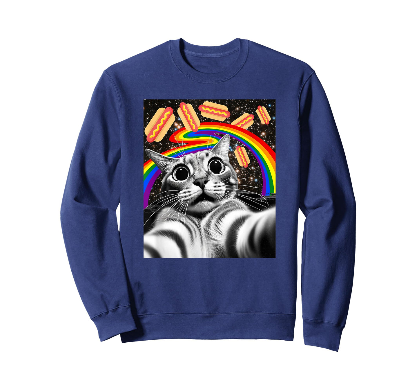 Funny Graphic Rainbow Hotdog UFOs Cosmic Space Selfie Cat T-Shirt for Men Women Kids