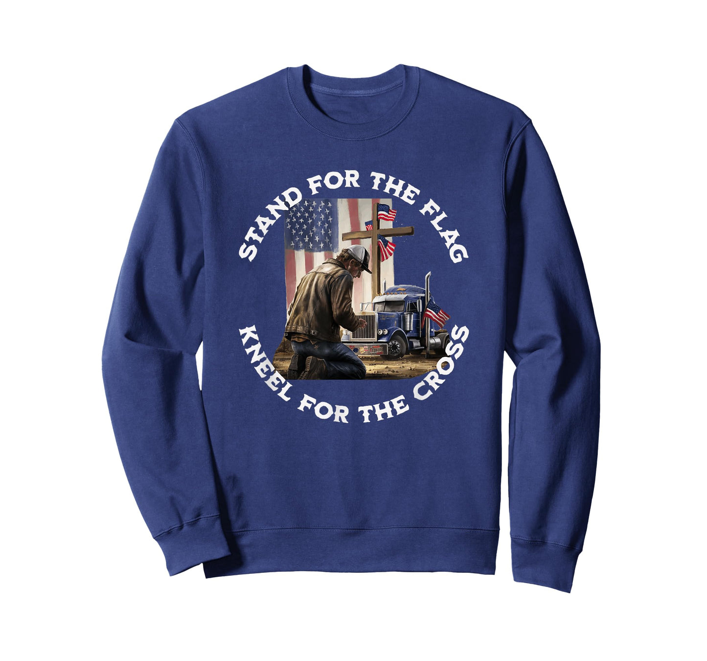 American Trucker Praying At The Cross & US Flag Christian T-Shirt