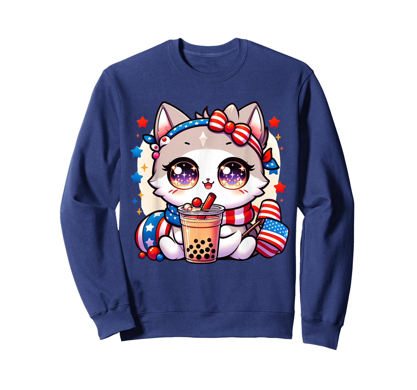 Cute 4th of July Cat Shirt Girls Kawaii Anime Boba Tea USA T-Shirt