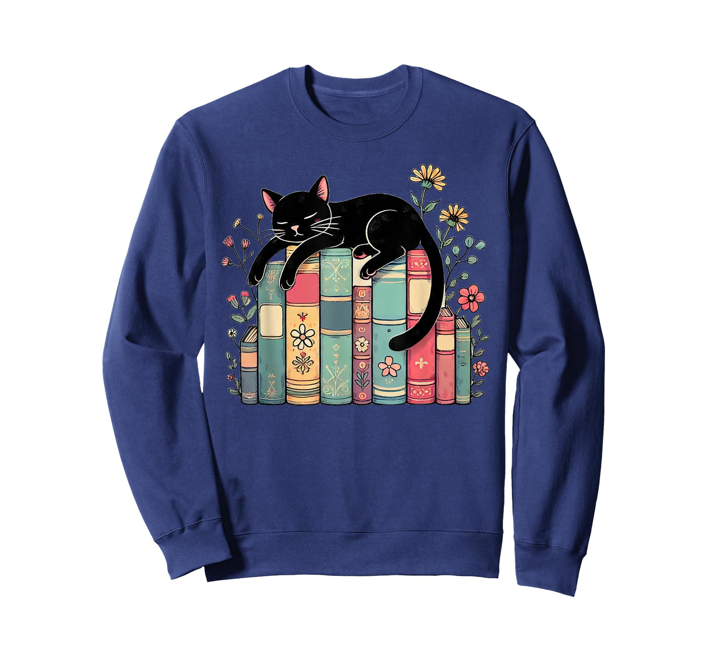 Floral Black Cat Sleeping On Books T-Shirt