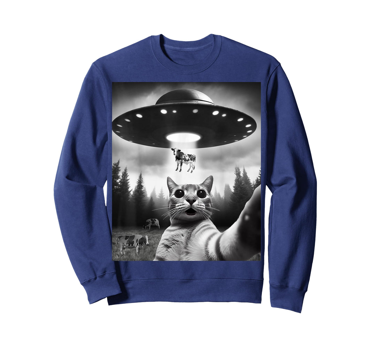 Funny Cat Selfie Flying Alien UFO Abducting Cow Cryptid Men Women Girls Kids T-Shirt