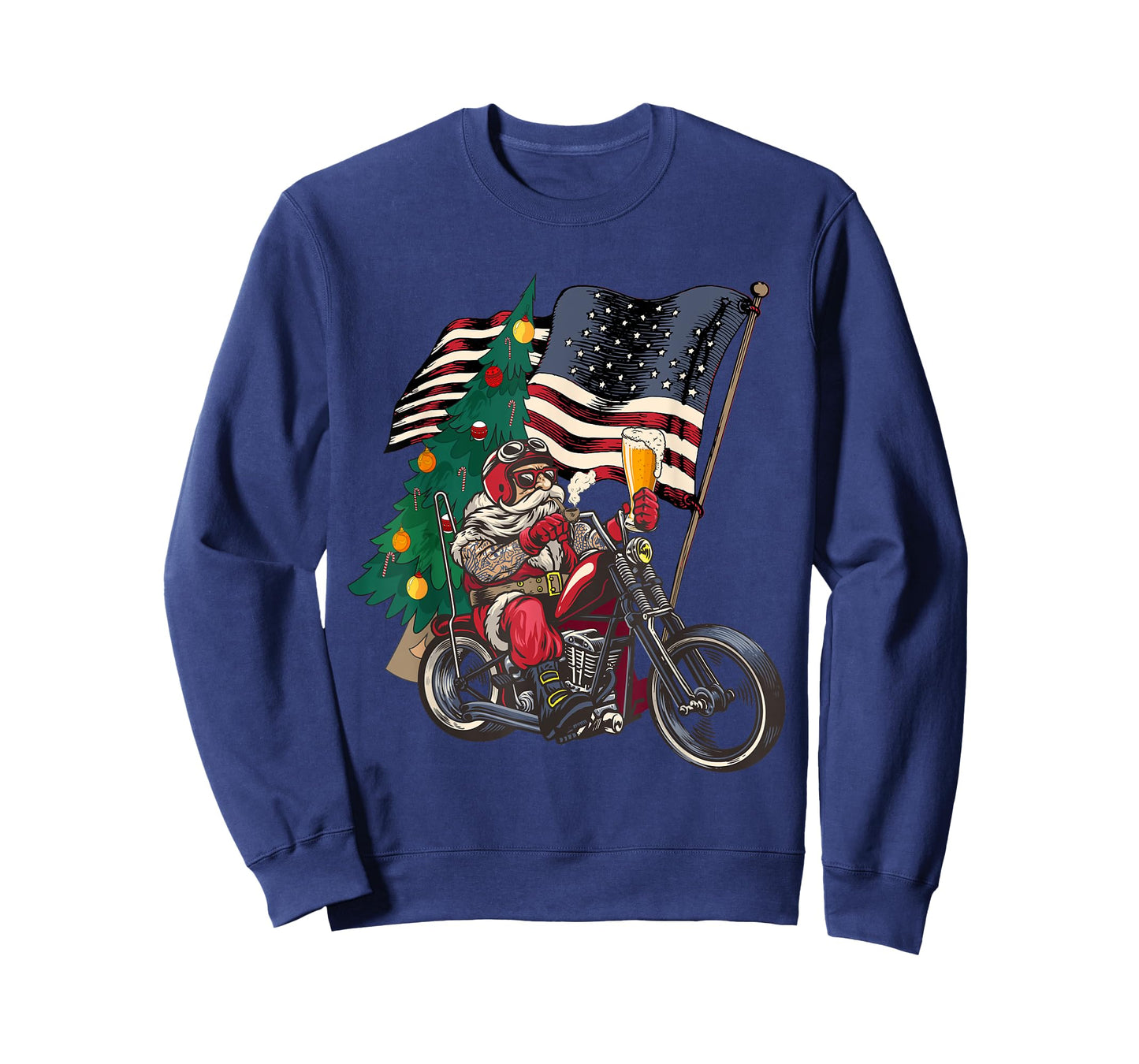 Santa Riding Motorcycle on Christmas - Biker US Flag T-Shirt