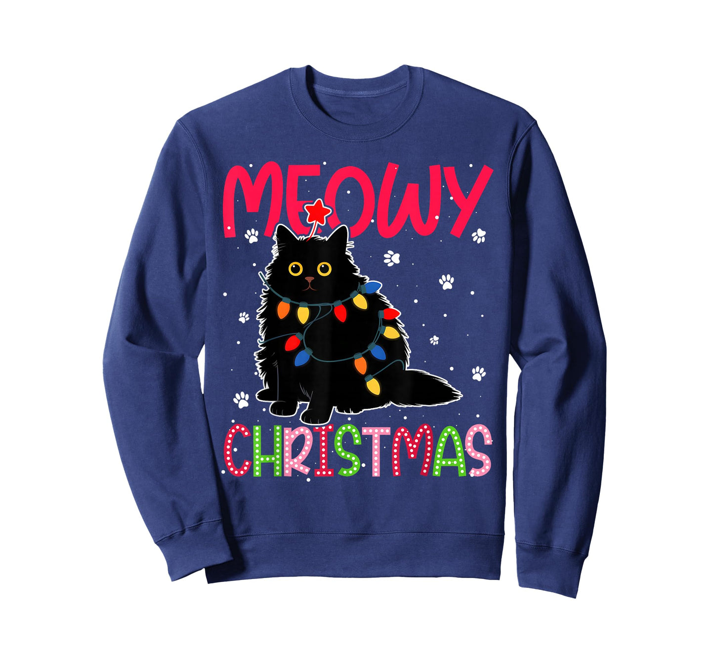 Meowy Christmas Xmas Lights Black Cat Pajamas Family Funny T-Shirt